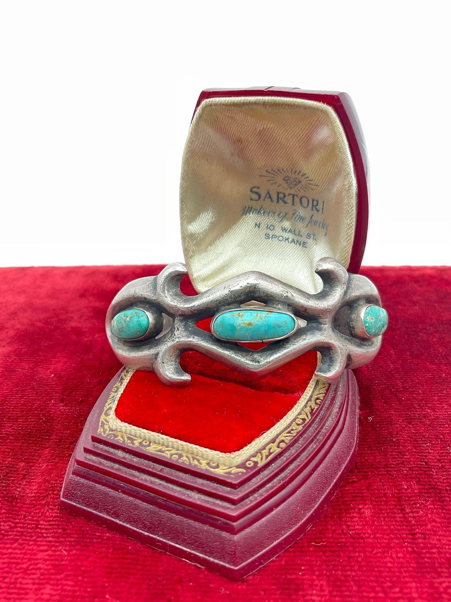 Native American old pawn silver and turquoise thorny design bracelet - unsigned (1 of 4)