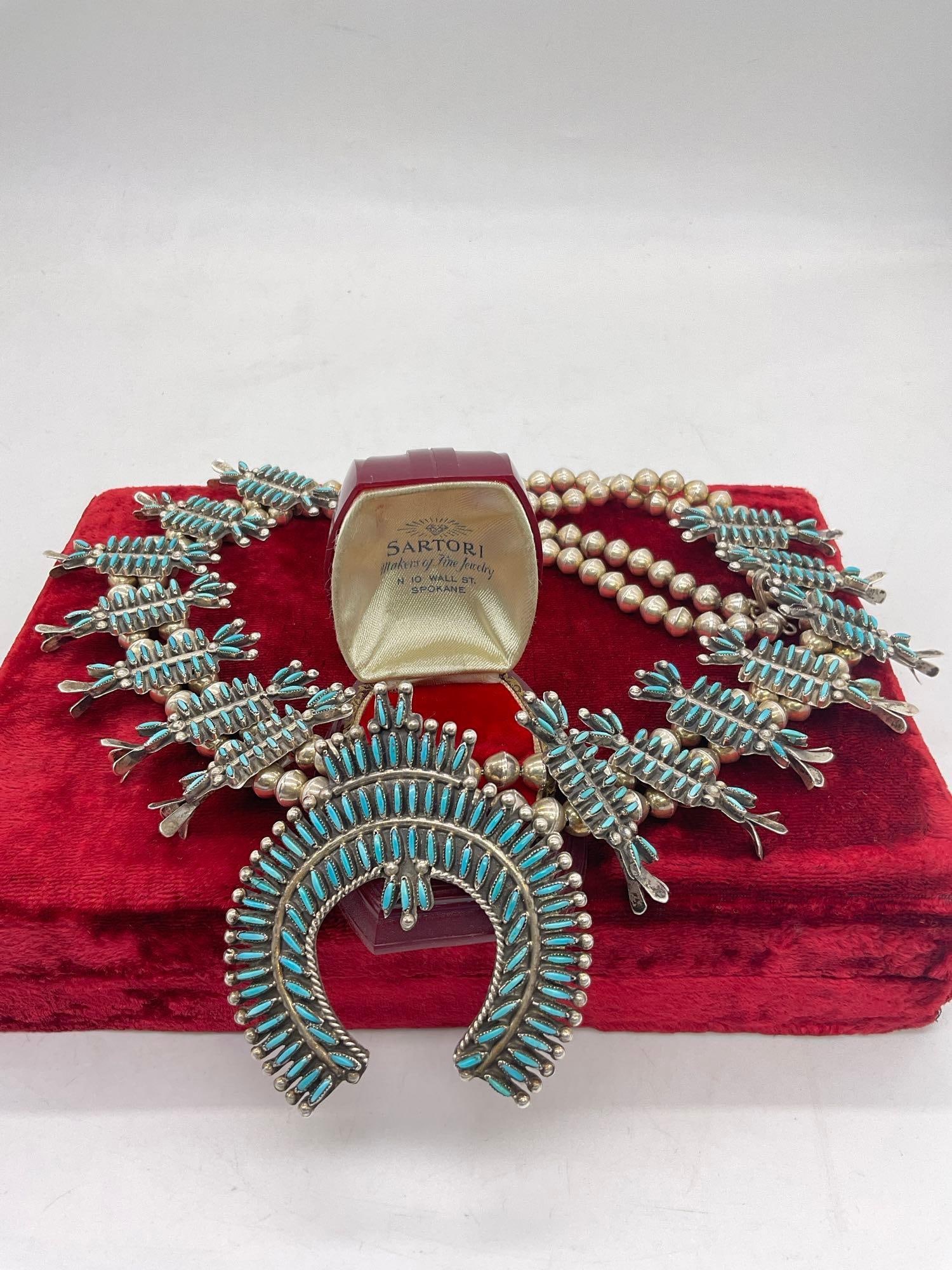 Outstanding Native American turquoise and silver squash blossom necklace w/ intricate stone work (1 of 6)