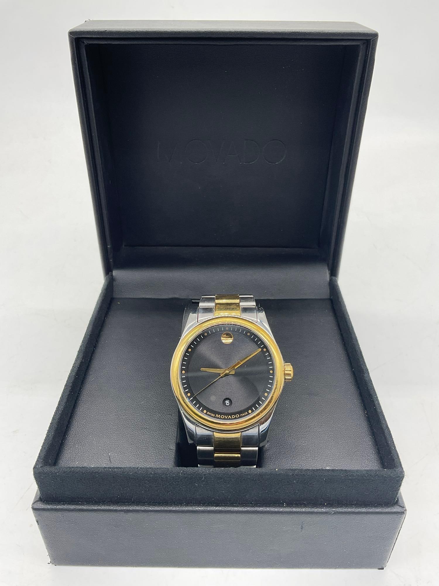 Movado Sportivo mens stainless dress watch with sleek black and gold dial/bezel (1 of 5)