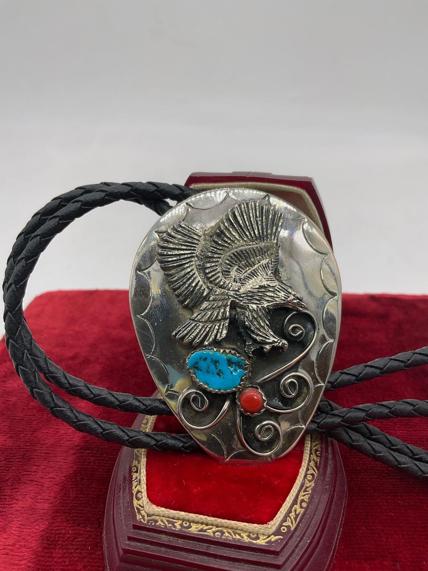 Native American style turquoise & coral bolo tie with eagle motif - no tips (1 of 3)