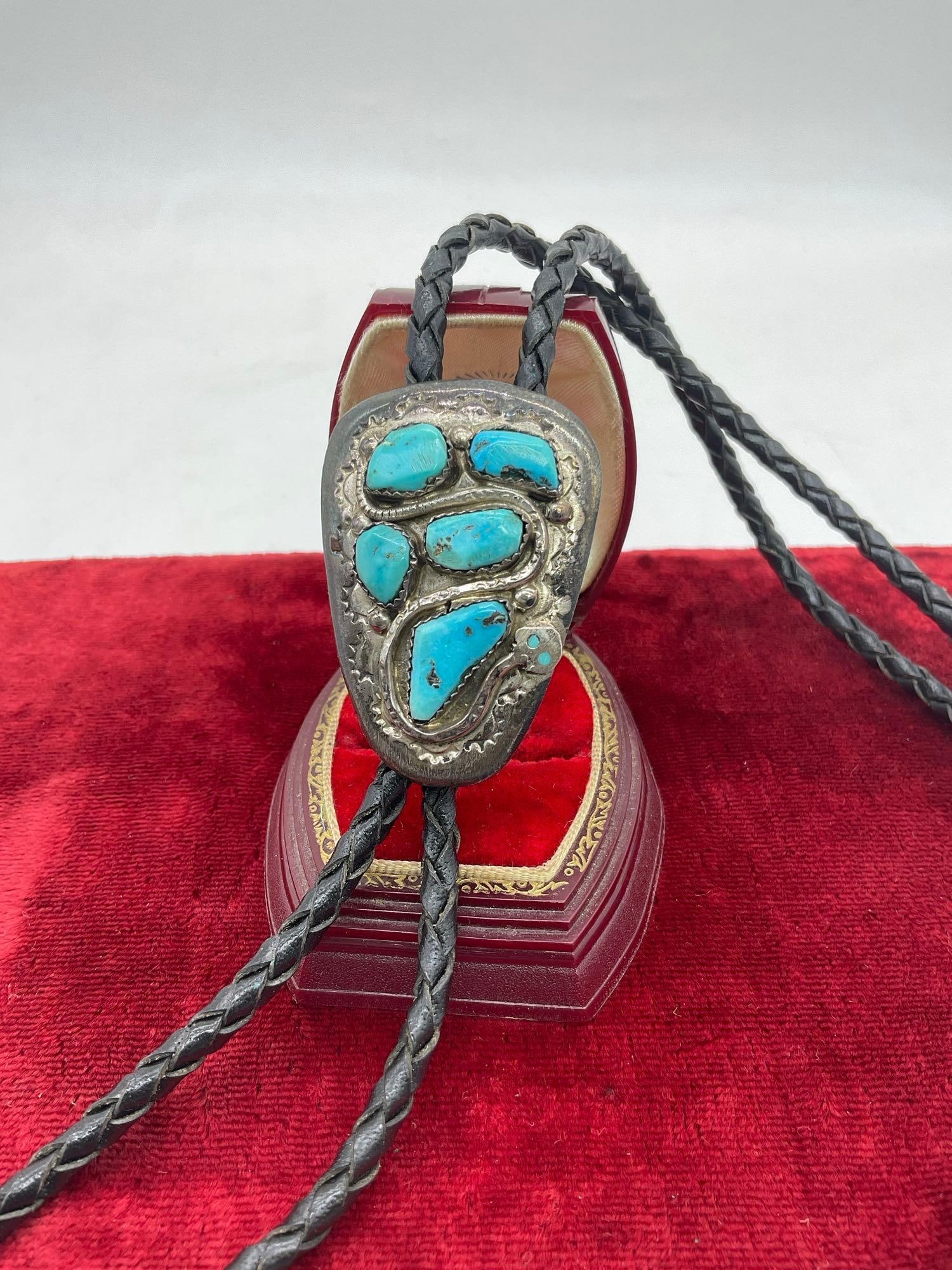 Rare Effie C Zuni Native American silver snake motif turquoise bolo tie - matches lot 173 (1 of 4)