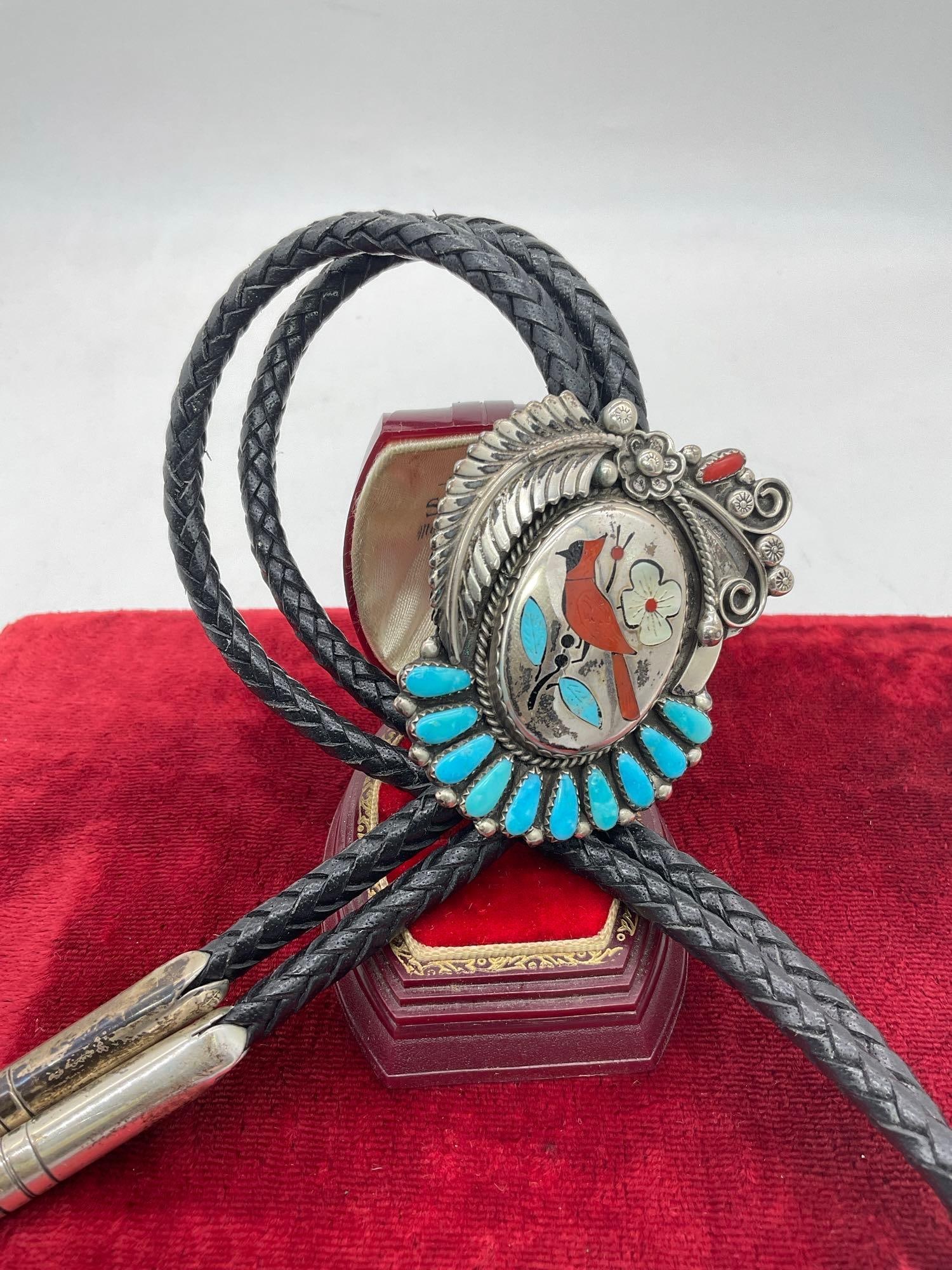 Famed artist Leo G Harvey Native American sterling silver signed Cardinal motif bolo tie (1 of 5)