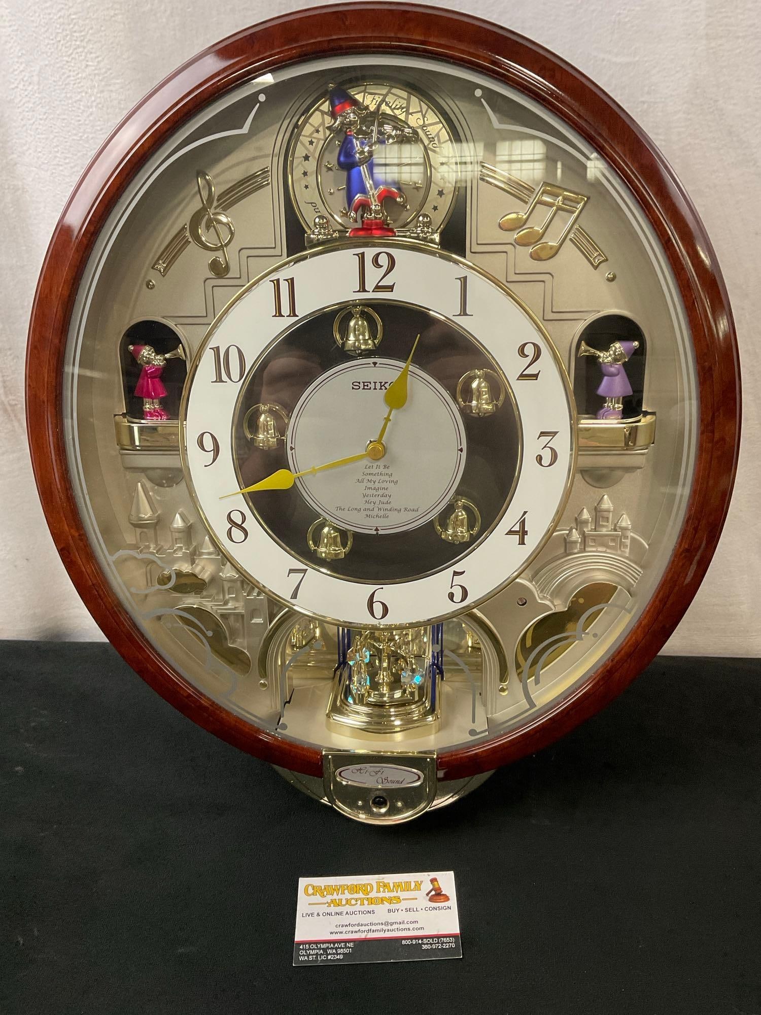 Vintage Motion Electric Seiko Wall Clock, Melodies in Motion Beatles: The clock itself takes a AA battery, the musical section takes 4 D batteries. Appears to be in good shape. Measures approx 17h x 14.5w inches. See pics. E-2650