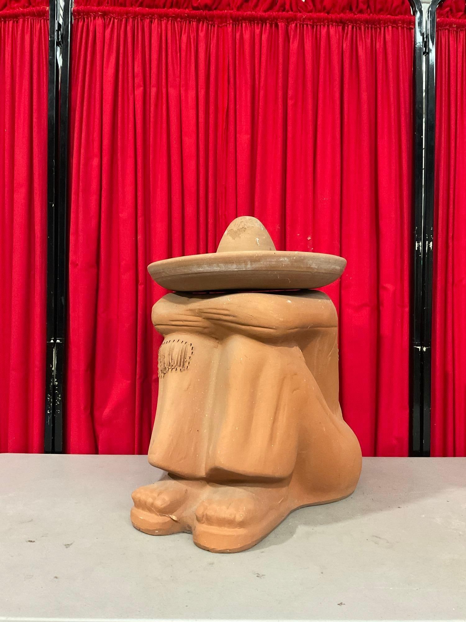 Vintage Hollow Terra Cotta Seated Man w/ Sombrero Birdbath Sculpture. Stands 21" Tall. See pics. (1 of 7)