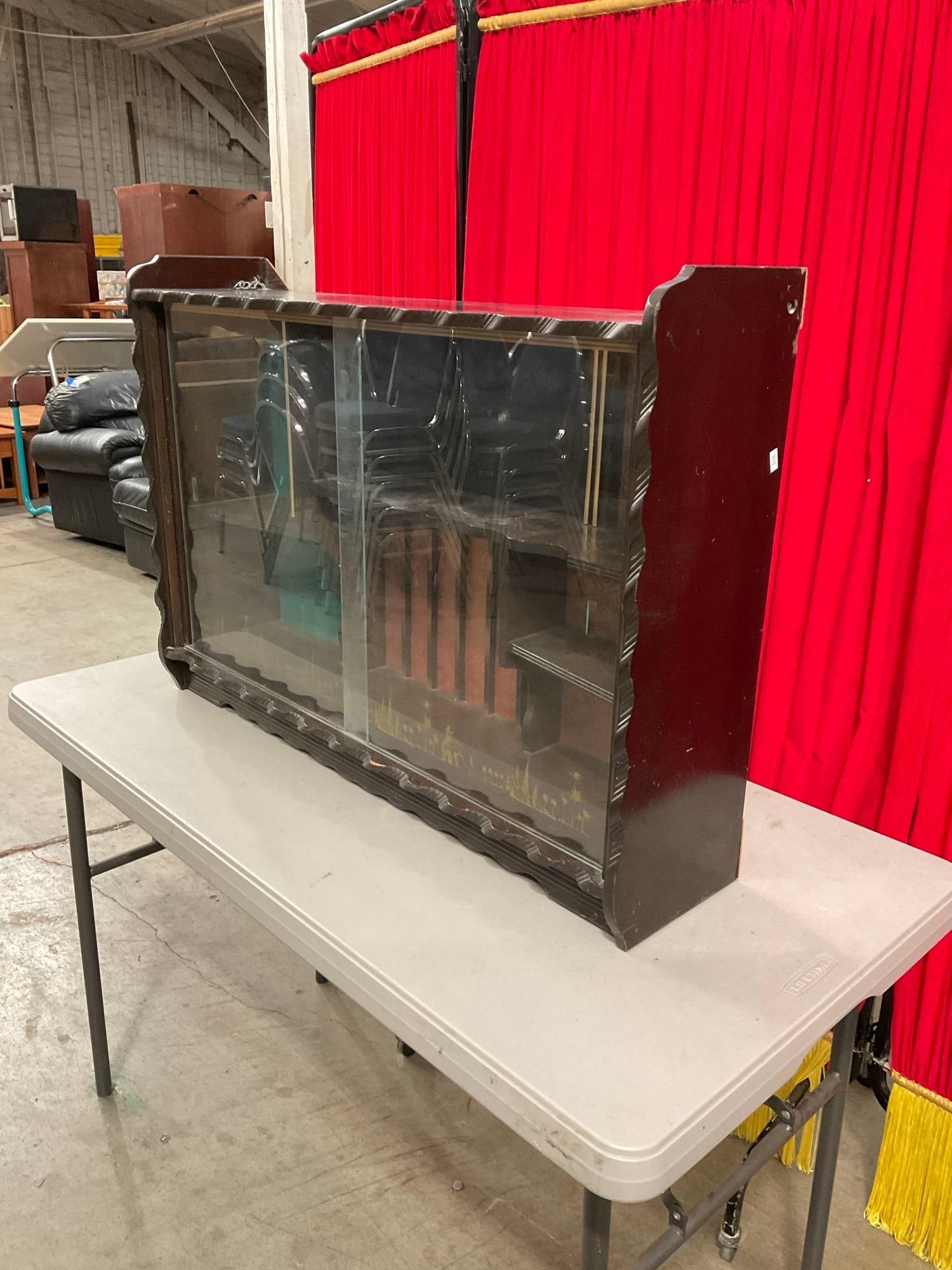 Vintage Black Painted Glass Fronted Wooden Hanging Wall Display Case w/ Sliding Glass Doors. See (1 of 7)