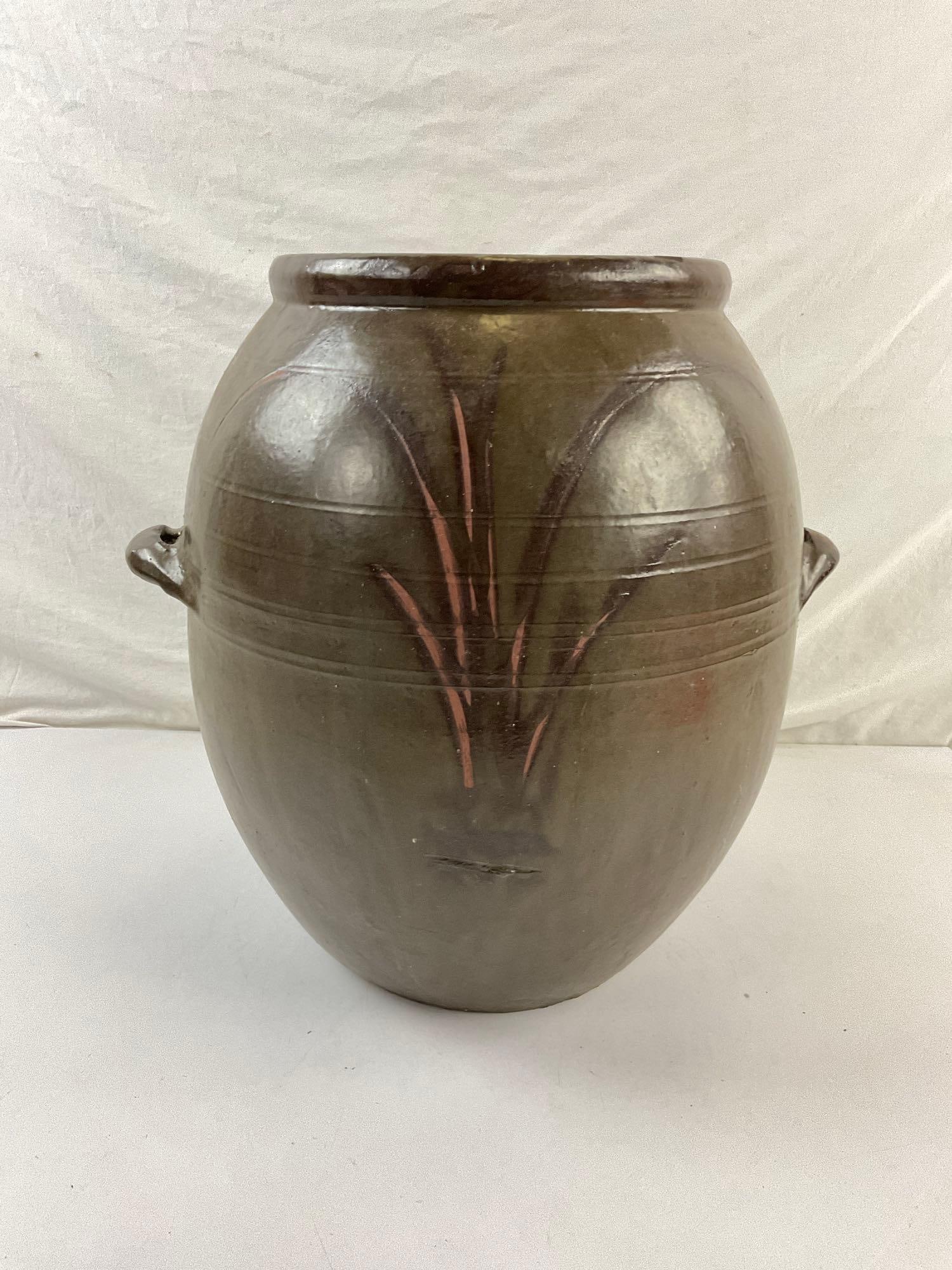 Vintage Asian Style Urn / Vase with nice Green + Black colors & Plant motif - See pics: 17"x17"x13". Fair to good condition some wear & dent in front. T-2743