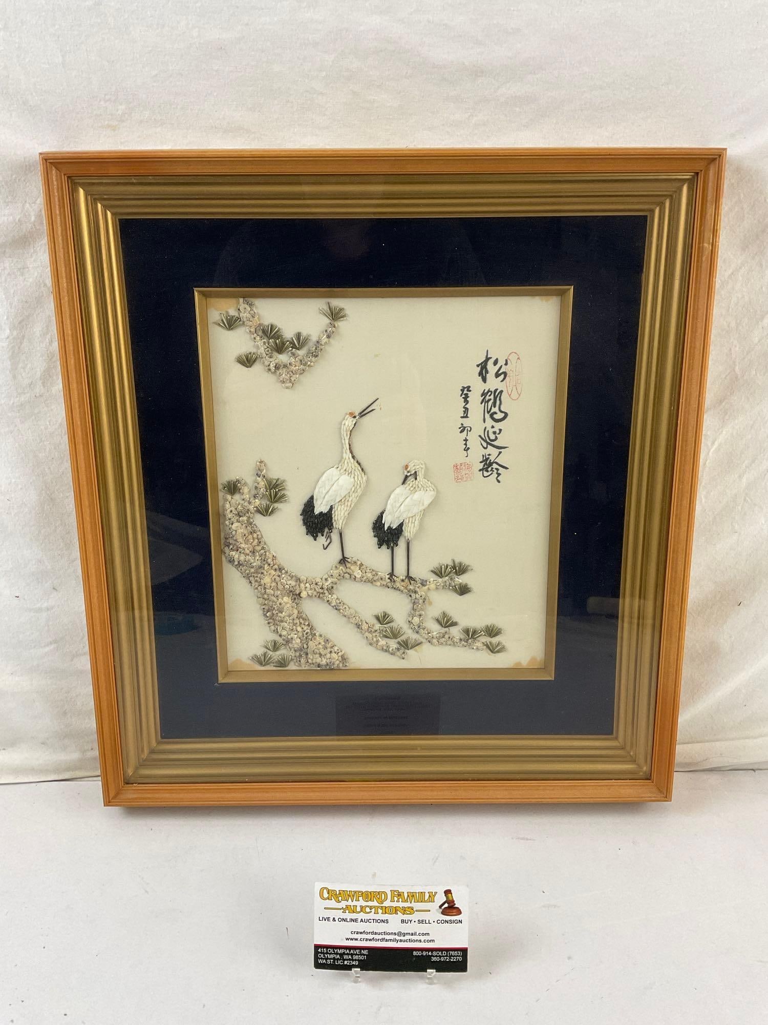 Framed Vintage Japanese Seashell Art of 2 Cranes in Tree. See pics. (1 of 2)