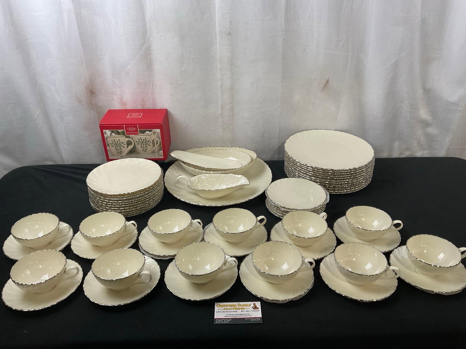 LENOX China set Silver rimmed Weatherby Pattern, 58 pieces & 2x Holiday Cocoa Mugs in box (1 of 6)