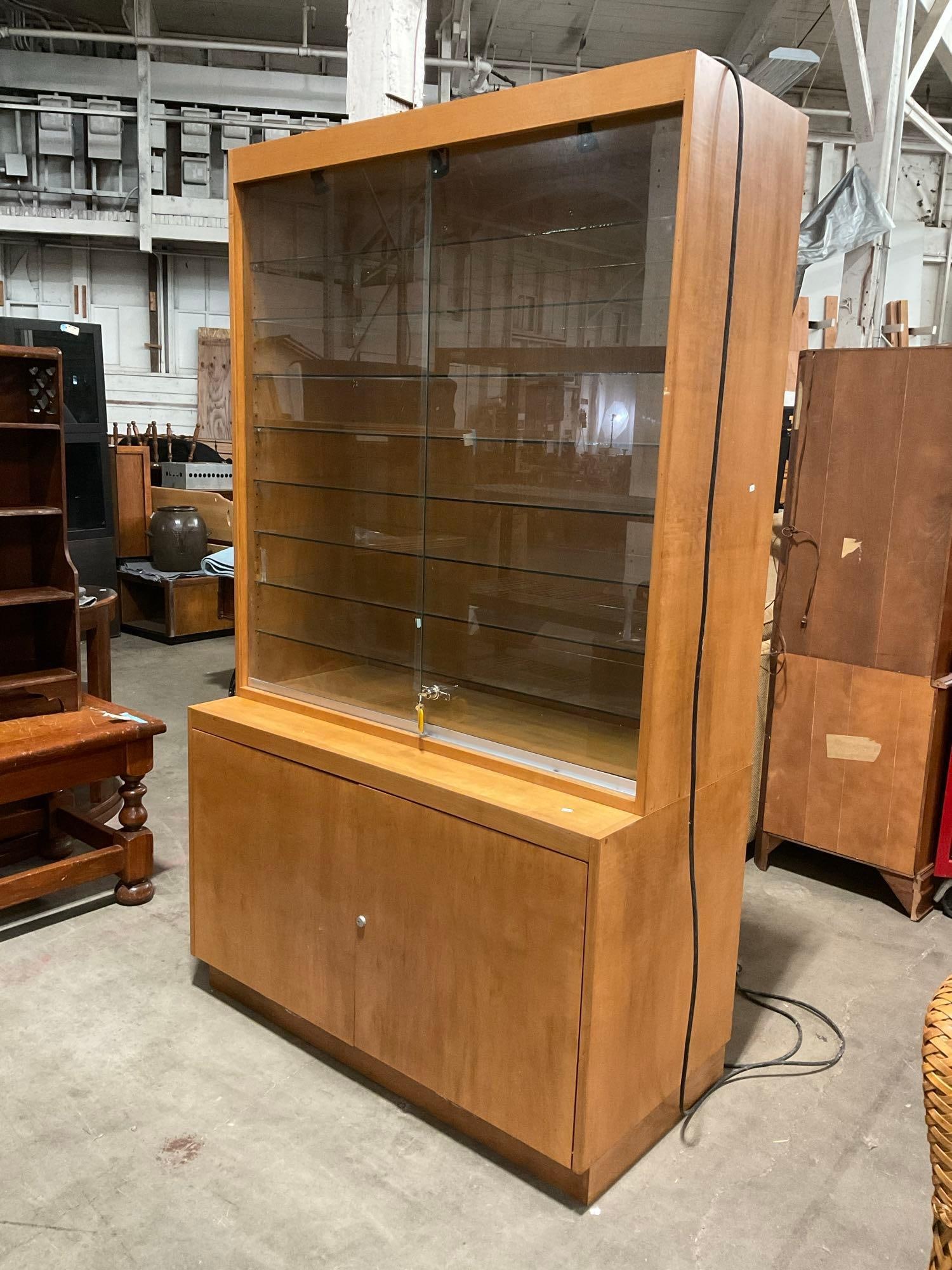 Vintage 2 Piece Locking Glass Fronted Illuminated Display Case w/ 8 Glass Shelves & Cupboard. See (1 of 7)