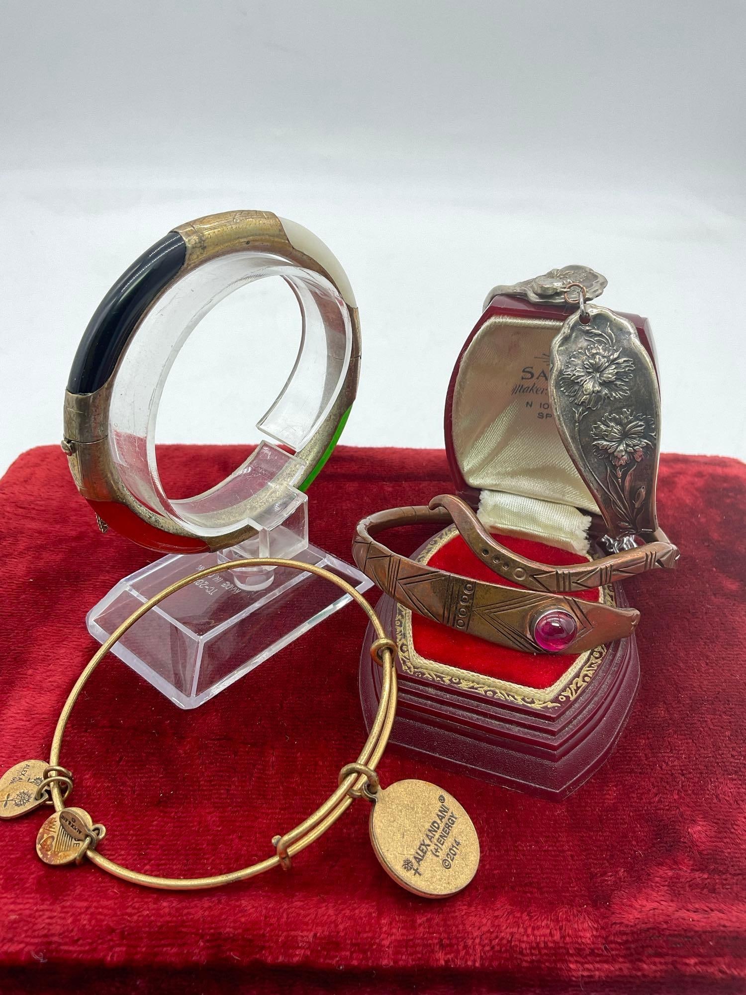 Vintage sterling silver and stone etched bangle with copper snake bracelet & 2 more (1 of 4)