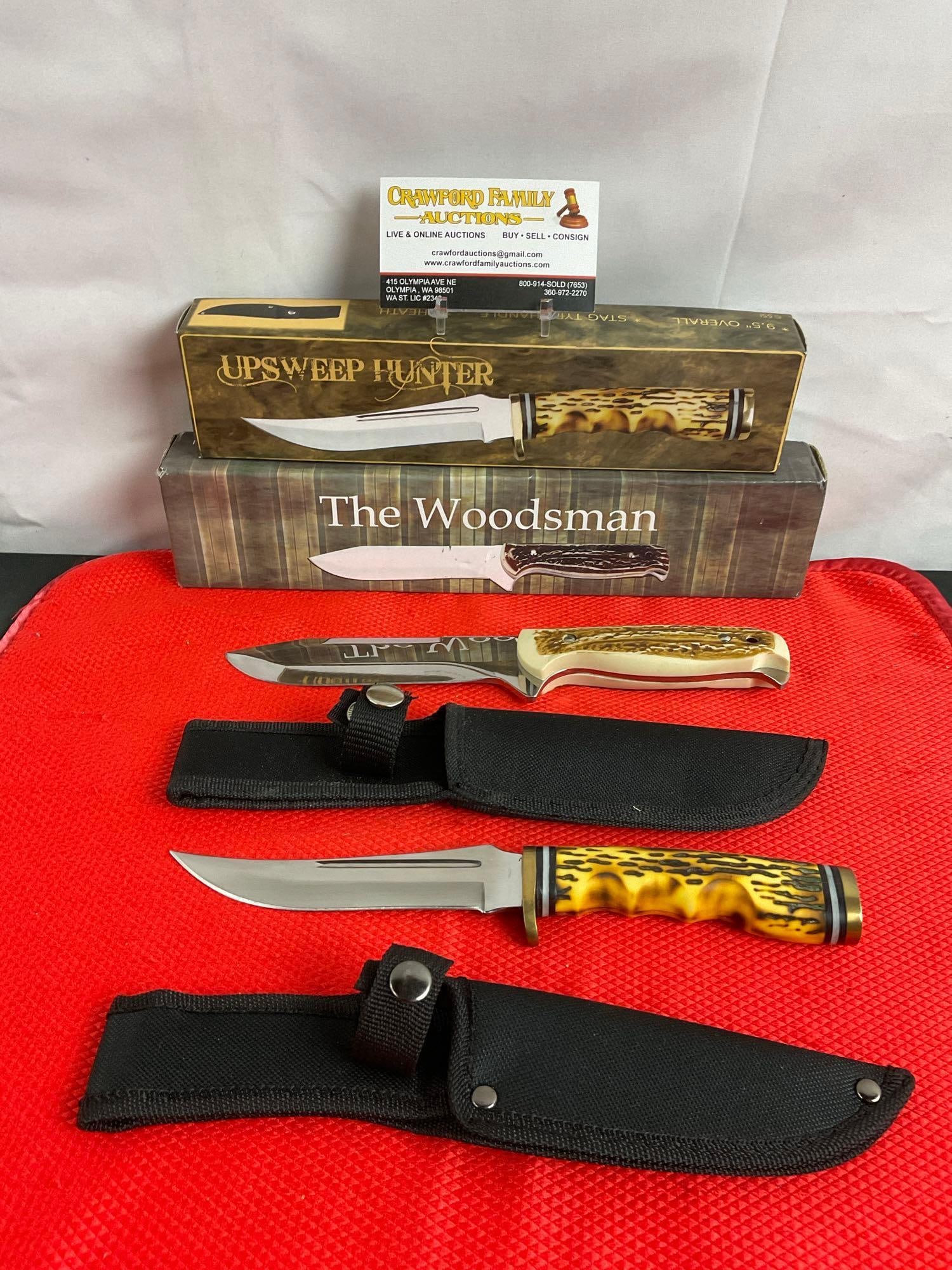 2 pcs 5.5" Steel Fixed Blade Hunting Knives. The Woodsman 210944. Upsweep Hunter 210914. NIB. See (1 of 11)