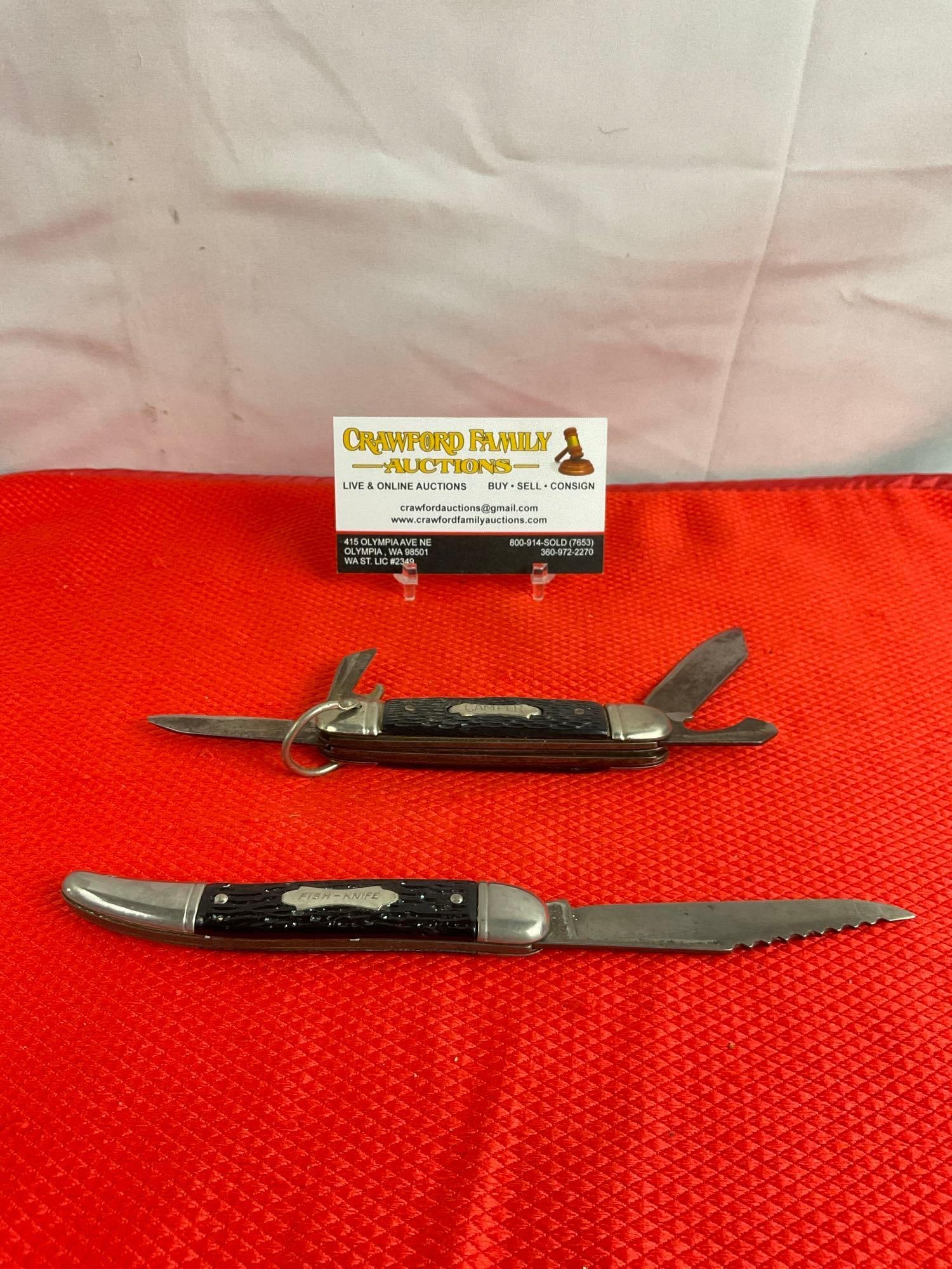 2 pcs Vintage Steel Folding Knives. Colonial Prov. USA "Fish-King" & The Ideal "Camper." See pics.: 2 pcs Vintage Steel Folding Knives. Colonial Prov. USA 3" Fish-King" w/ Black Composite Handle & The Ideal "Camper" 3" Pocket Knife w/ 4 Tools & Black Composite Handle. Measures 4.5" x .5" Con