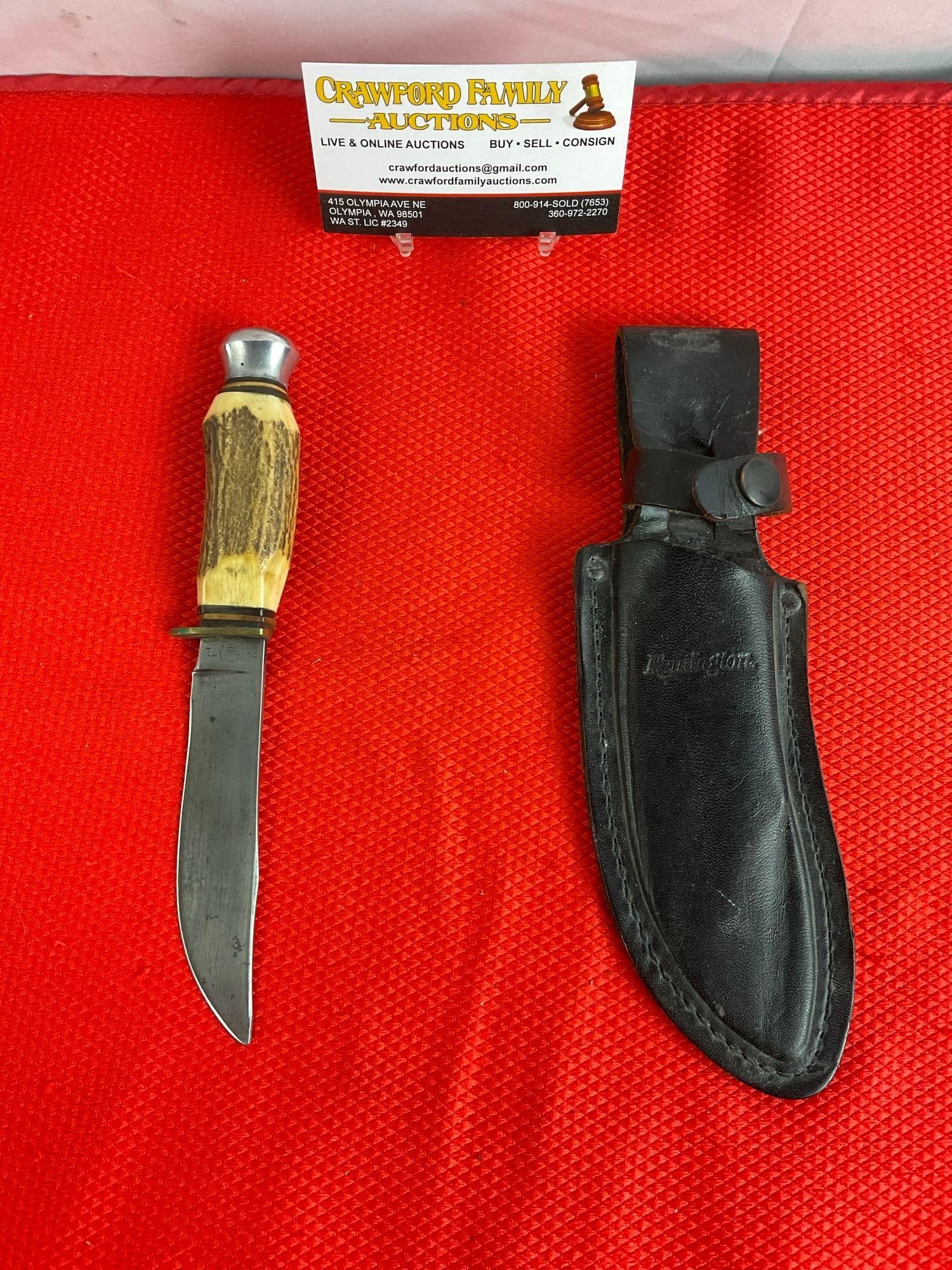 Vintage Remington 4.5" Steel Fixed Blade Knife Model R-71 w/ Antler Handle & Original Leather (1 of 9)