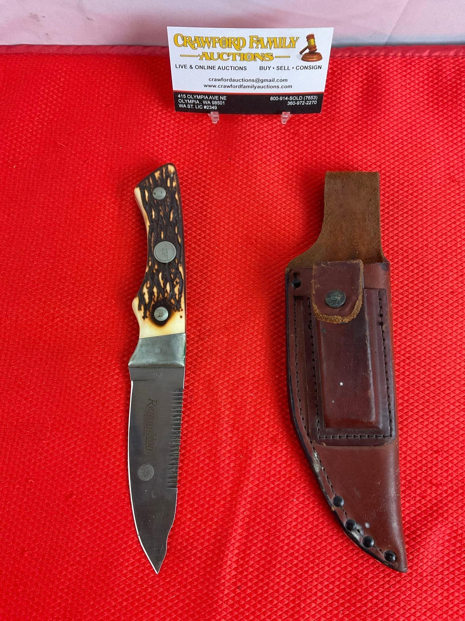 Vintage Remington 4.5" Fixed Blade Steel Skinner Knife Model R-6 w/ Leather Sheath & Sharpener. See (1 of 10)
