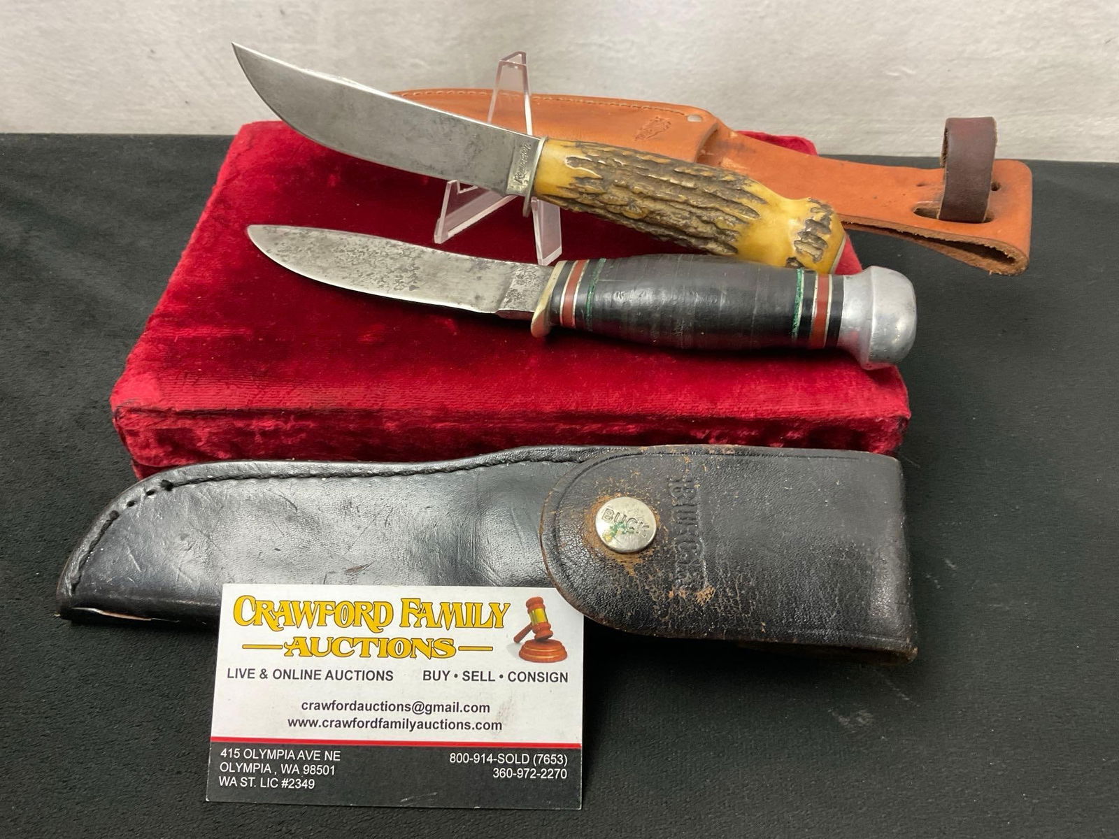 Pair of Vintage Remington Fixed Blade Knives, 1x RH-50 & 1x RH-73 w/ Antler Handle & sheaths (1 of 6)