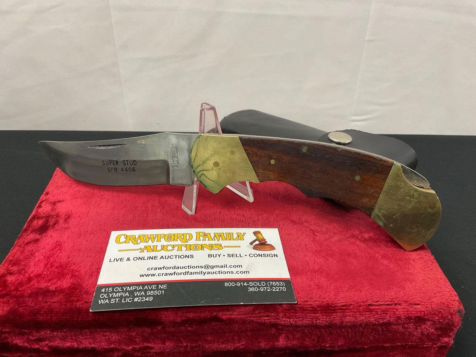 Large Brass Steel & Wood Folding Knife, Pakistani Buck style Super Stud SFB 4406, 3.75 in blade: Appears to be in good shape. The blades measure approx 3.75 inches long. All of these knives come from the same large collection. See pics. E-2504