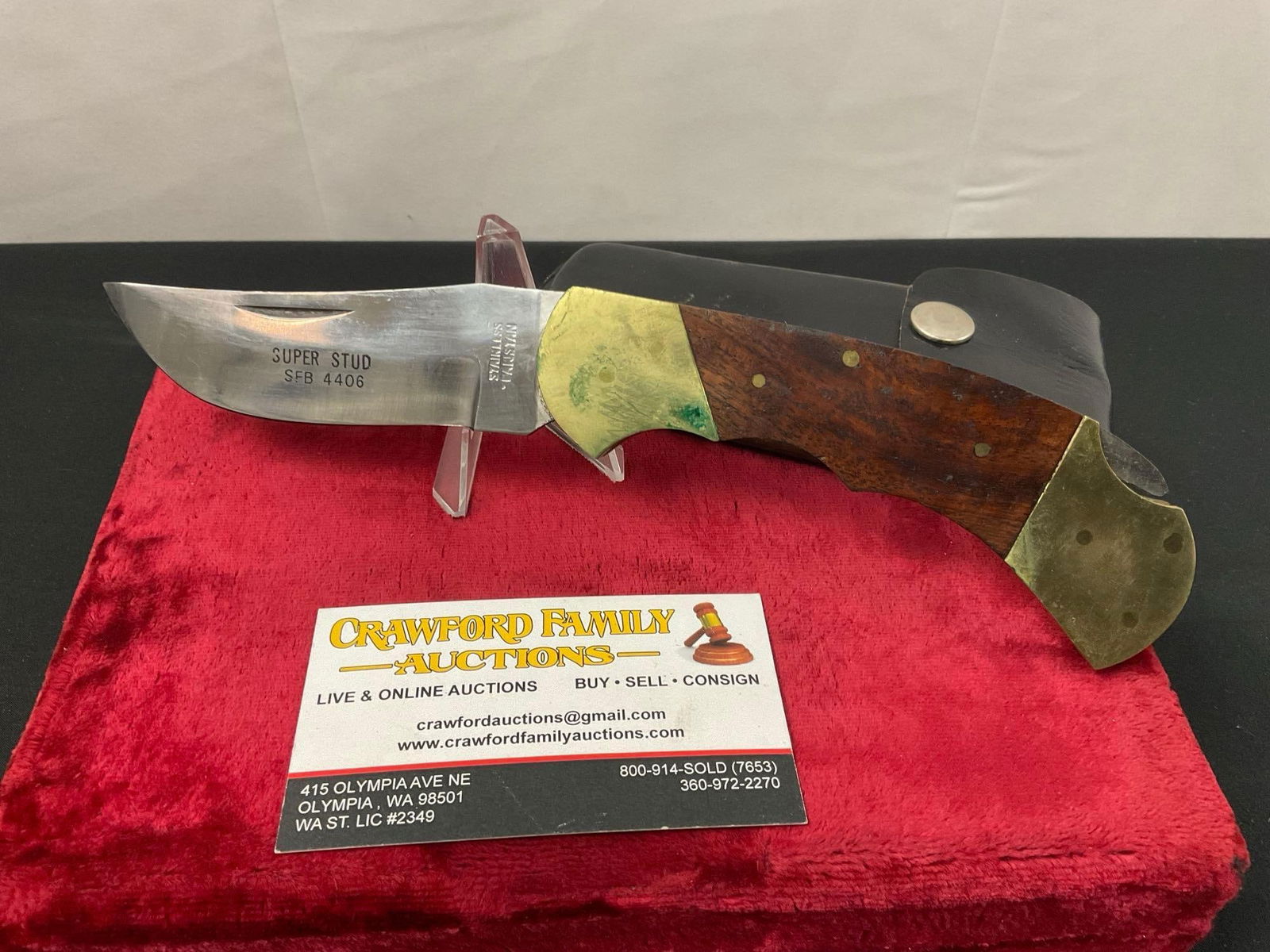Large Brass Steel & Wood Folding Knife, Pakistani Buck style Super Stud SFB 4406, 3.75 in blade: Appears to be in good shape. The blades measure approx 3.75 inches long. All of these knives come from the same large collection. See pics. E-2504