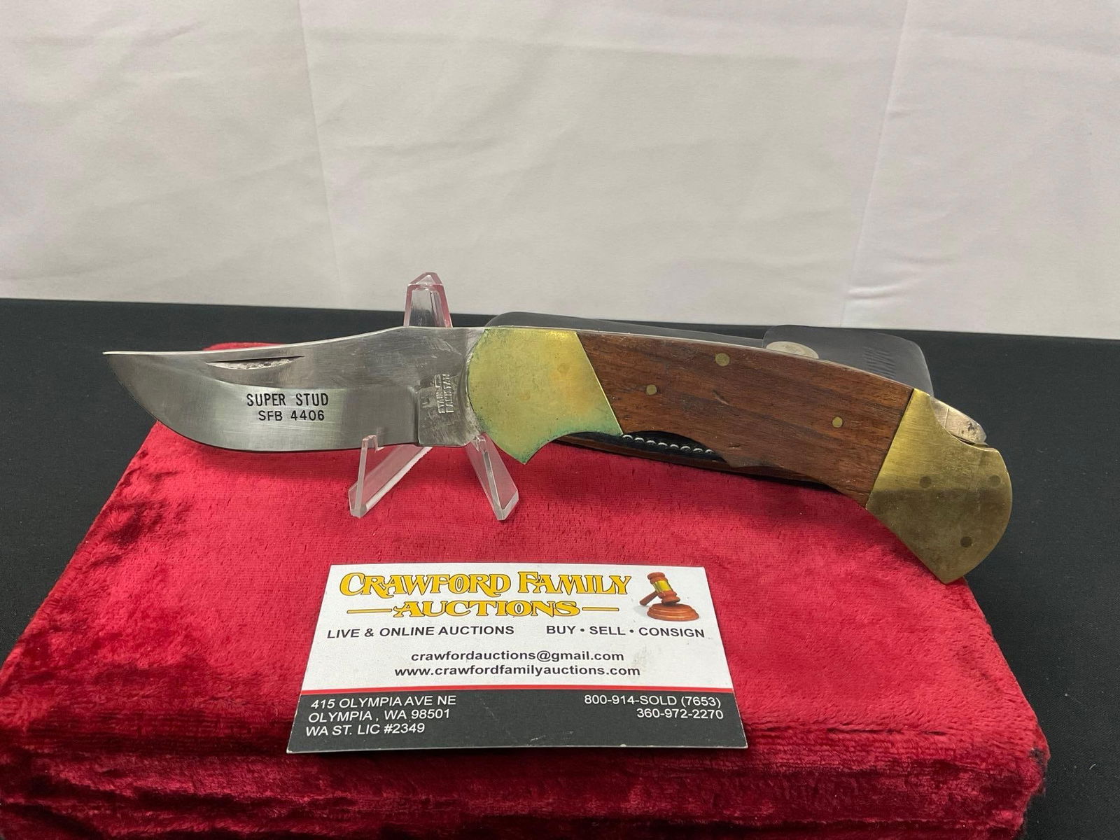 Large Brass Steel & Wood Folding Knife, Pakistani Buck style Super Stud SFB 4406, 3.75 in blade: Appears to be in good shape. The blades measure approx 3.75 inches long. All of these knives come from the same large collection. See pics. E-2504