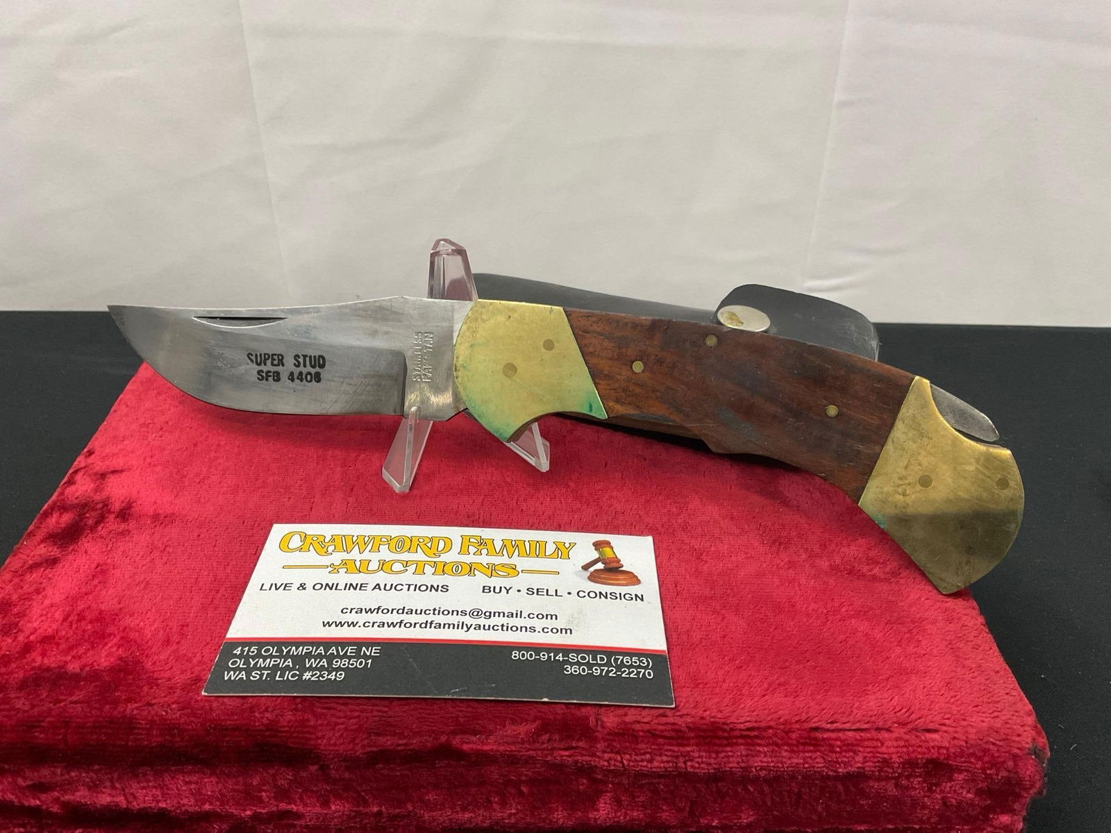 Large Brass Steel & Wood Folding Knife, Pakistani Buck style Super Stud SFB 4406, 3.75 in blade: Appears to be in good shape. The blades measure approx 3.75 inches long. All of these knives come from the same large collection. See pics. E-2504