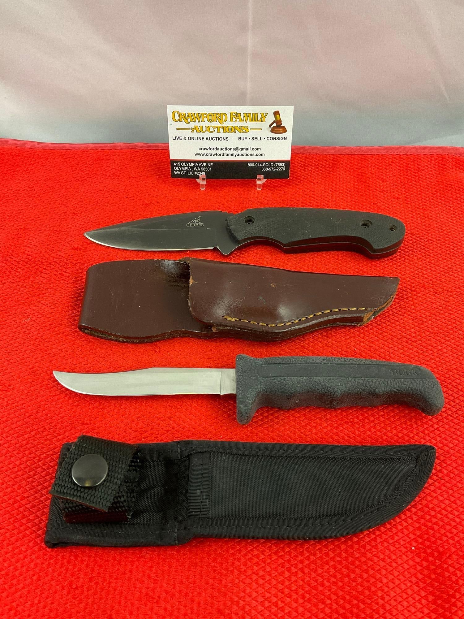 2 pcs Vintage 3.5" Steel Fixed Blade Hunting Knives w/ Sheathes. Buck 602 & Gerber. See pics. (1 of 10)