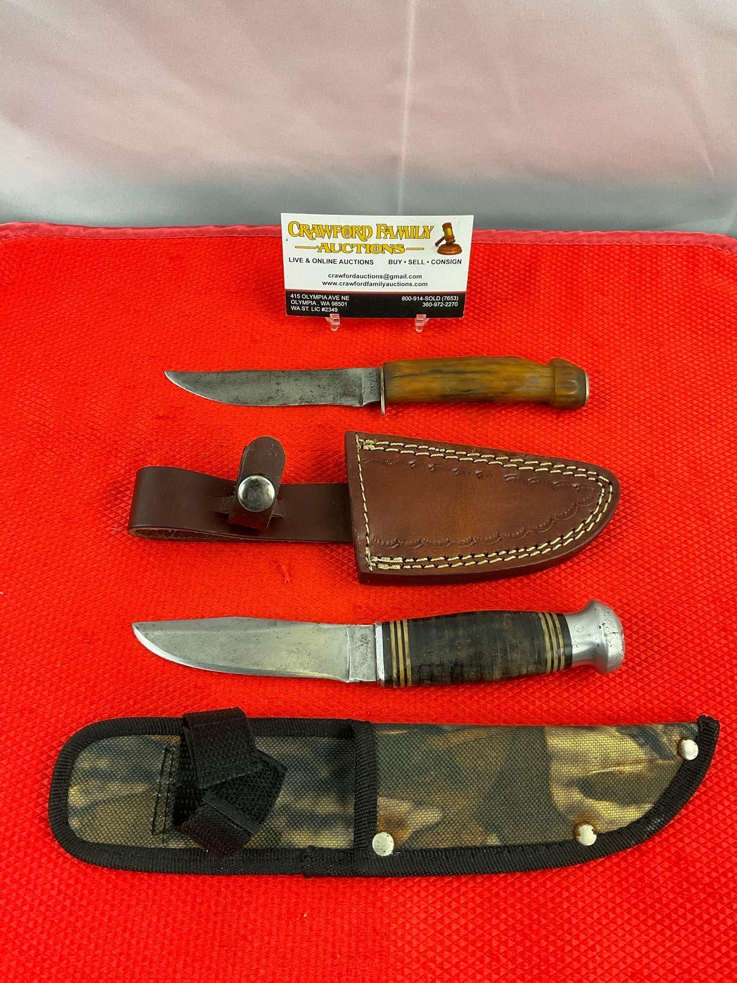 2 pcs Vintage Steel Fixed Blade Hunting Knives w/ Sheathes. Remington RH73 & Kinfolks K380. See (1 of 9)