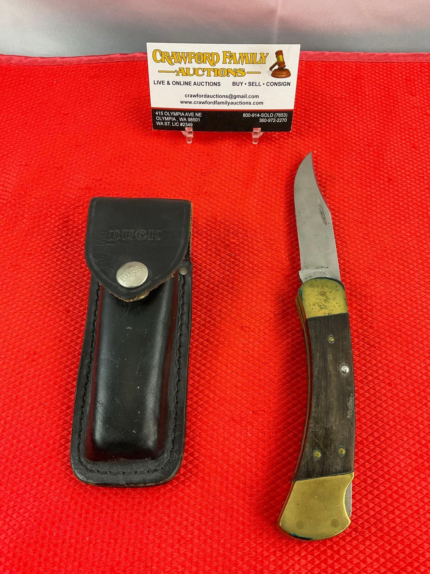 Vintage Buck 3.75" Steel Folding Blade Pocket Knife Model 110 w/ Ebony Handle & Original Sheath. ... (1 of 11)