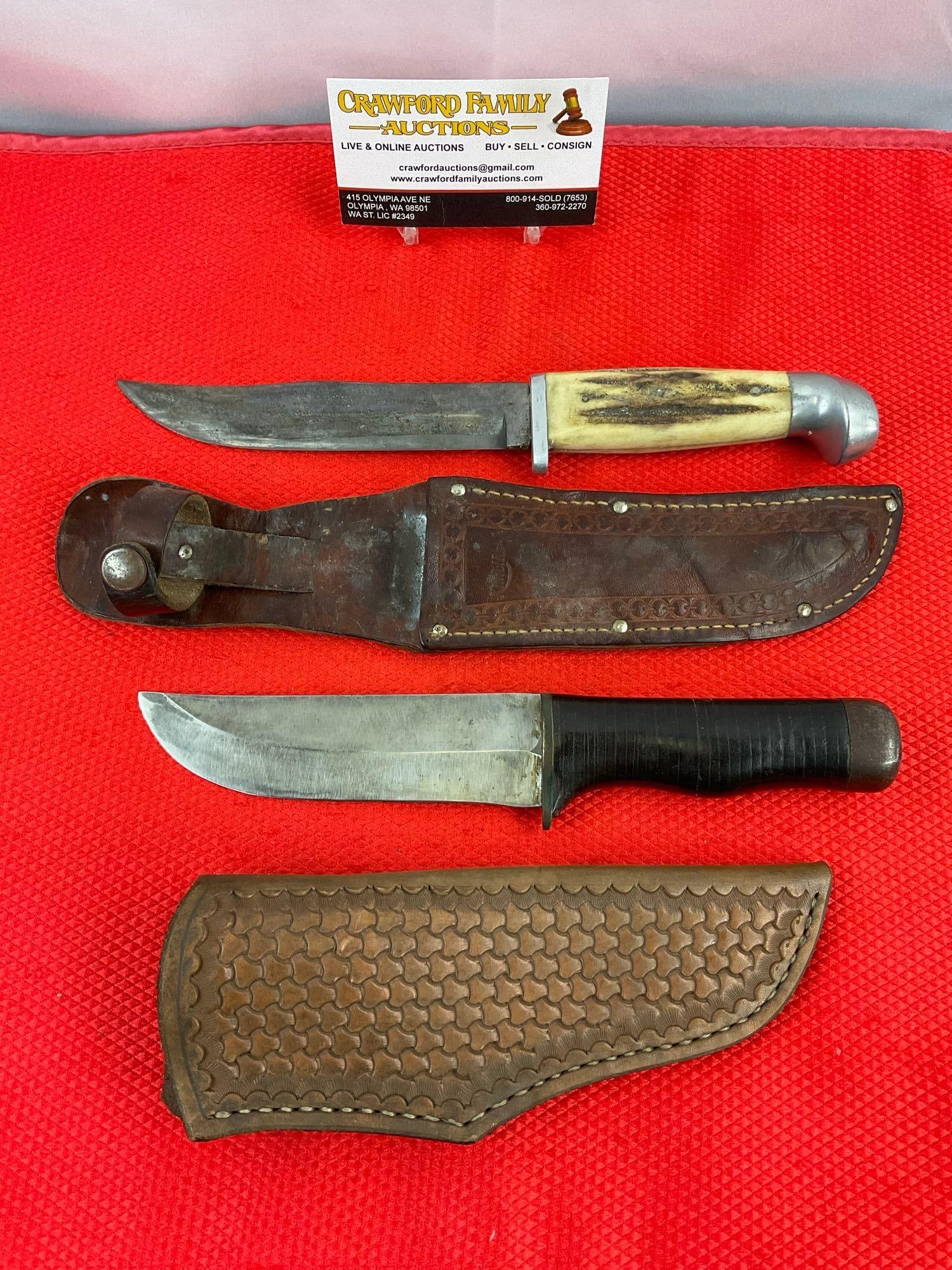 2 pcs Vintage Fixed Blade Knives w/ Sheathes. 1 Kinfolks Super Hunter 568TC & 1 Unmarked. See pics. (1 of 10)
