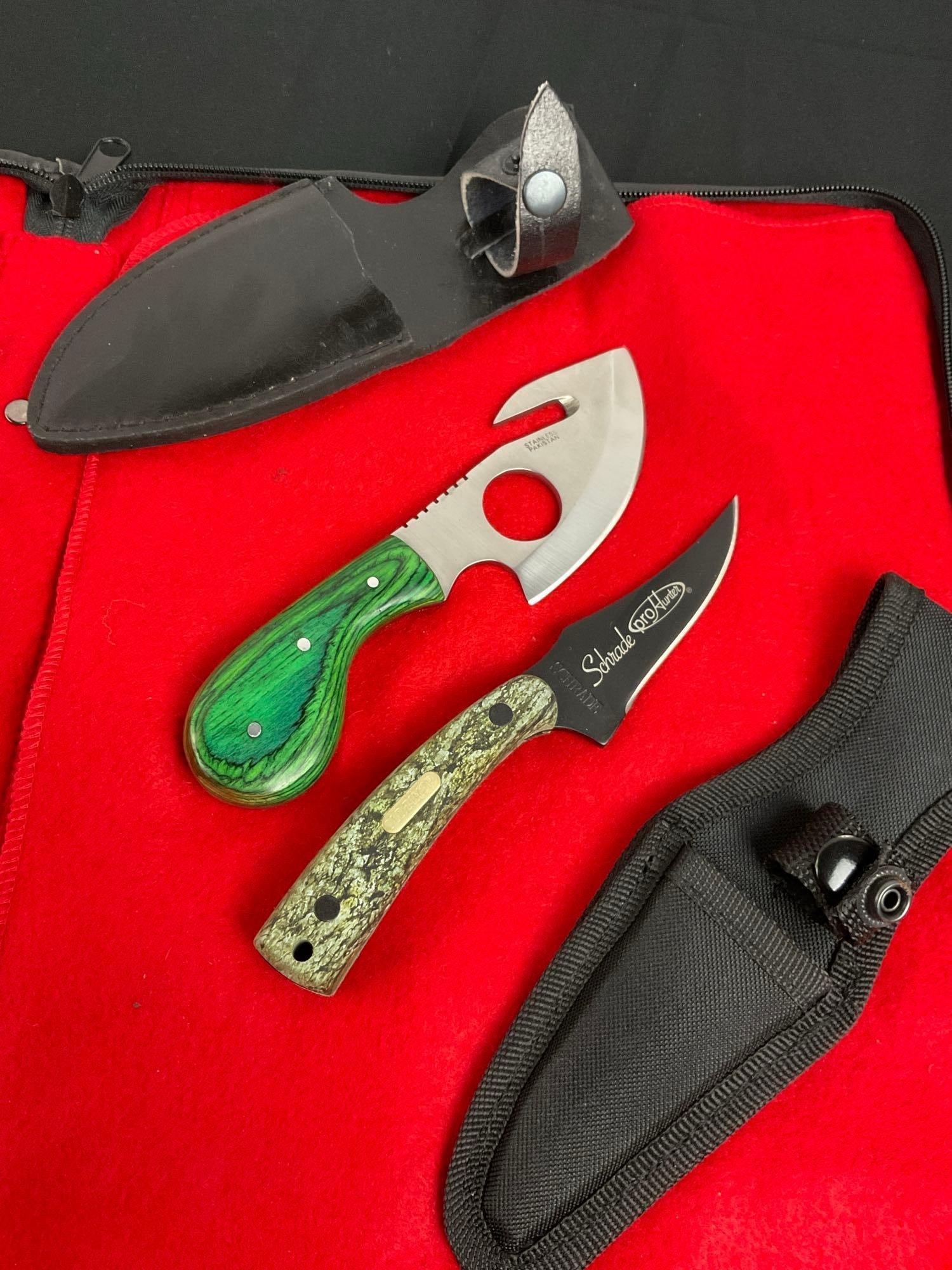 Schrade Old Timer Pro Hunter Knife 3" Blade & Pakistani Stainless Steel Hunting Knife 4" Blade: Both have sheathes one is leather. Nice knives in good condition. T-2504