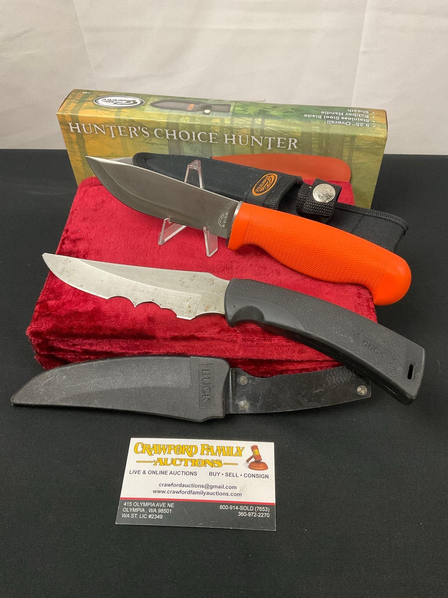 Pair of Fixed Blade Knives, Buck 470 w/ sheath & damaged blade, Rite Edge Orange Handled Knife (1 of 3)