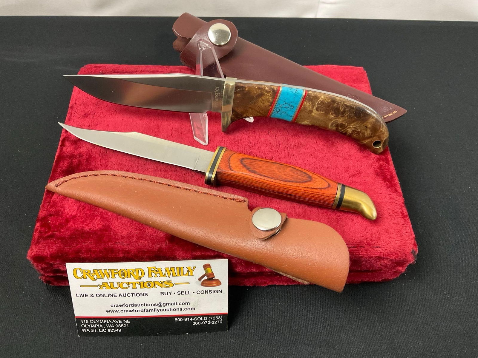 Pair of Fixed Blade Knives, Wrangler Knife w/ Turquoise inlay & Leather sheaths (1 of 3)