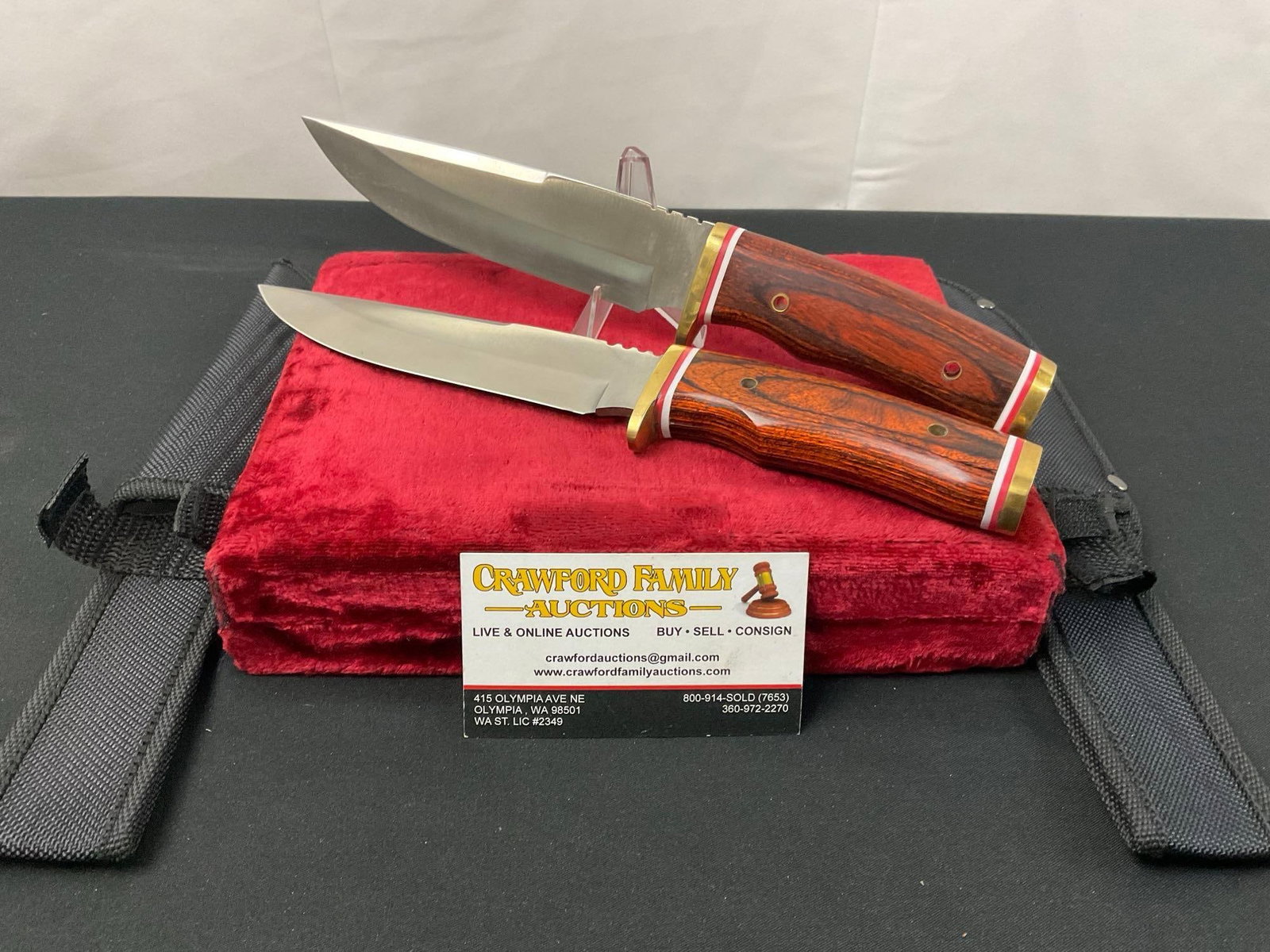 Pair of Frost Trophy Stag Pakkawood Handle, Stainless Steel Bowies w/ Nylon Sheaths: Appears to be in good shape. The blades measure approx 5 inches. All from the same large collection. See pics. E-2504
