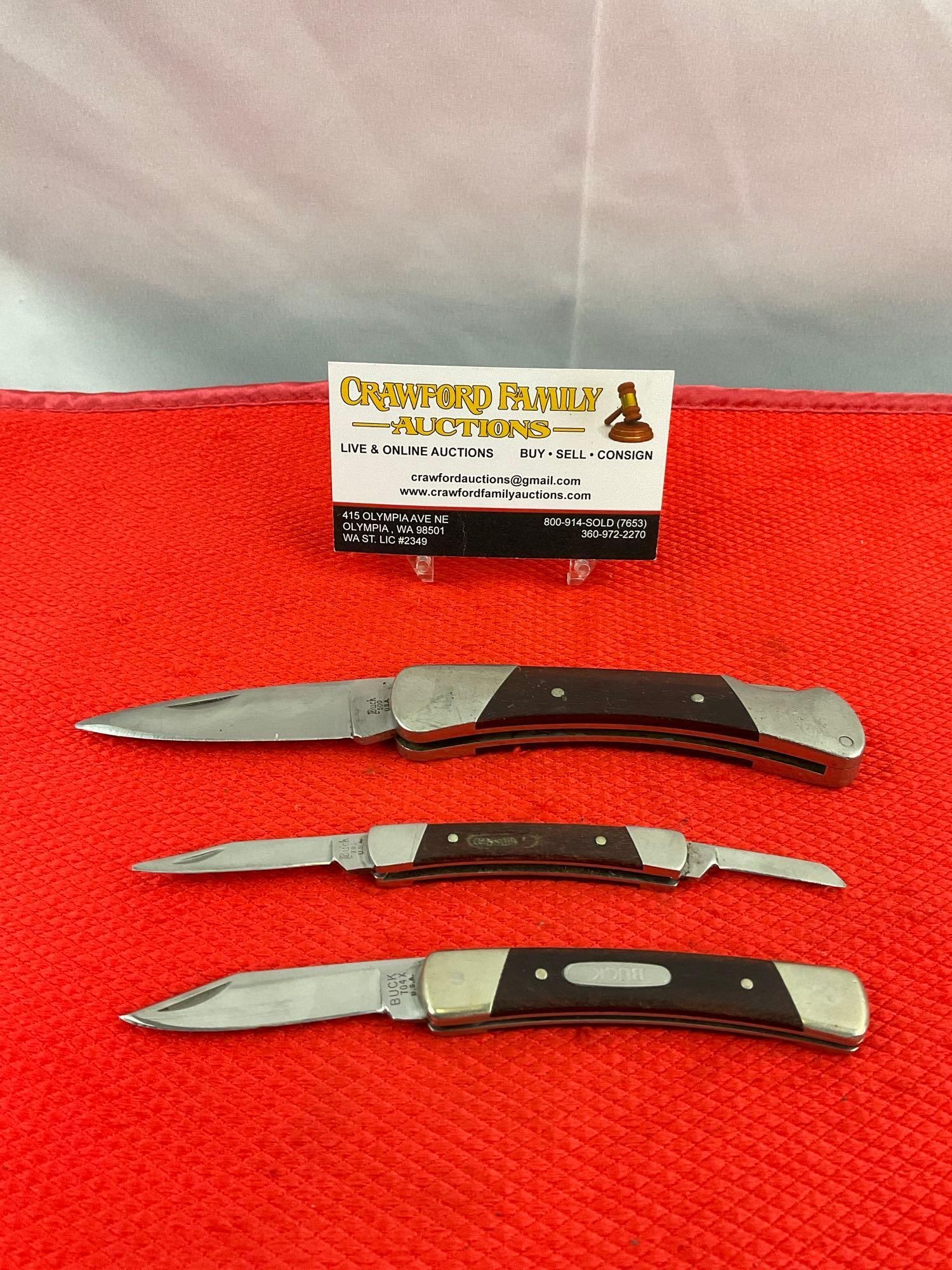3 pcs Vintage Buck Steel Folding Blade Pocket Knives, Models 500, 704X & 705. See pics. (1 of 9)
