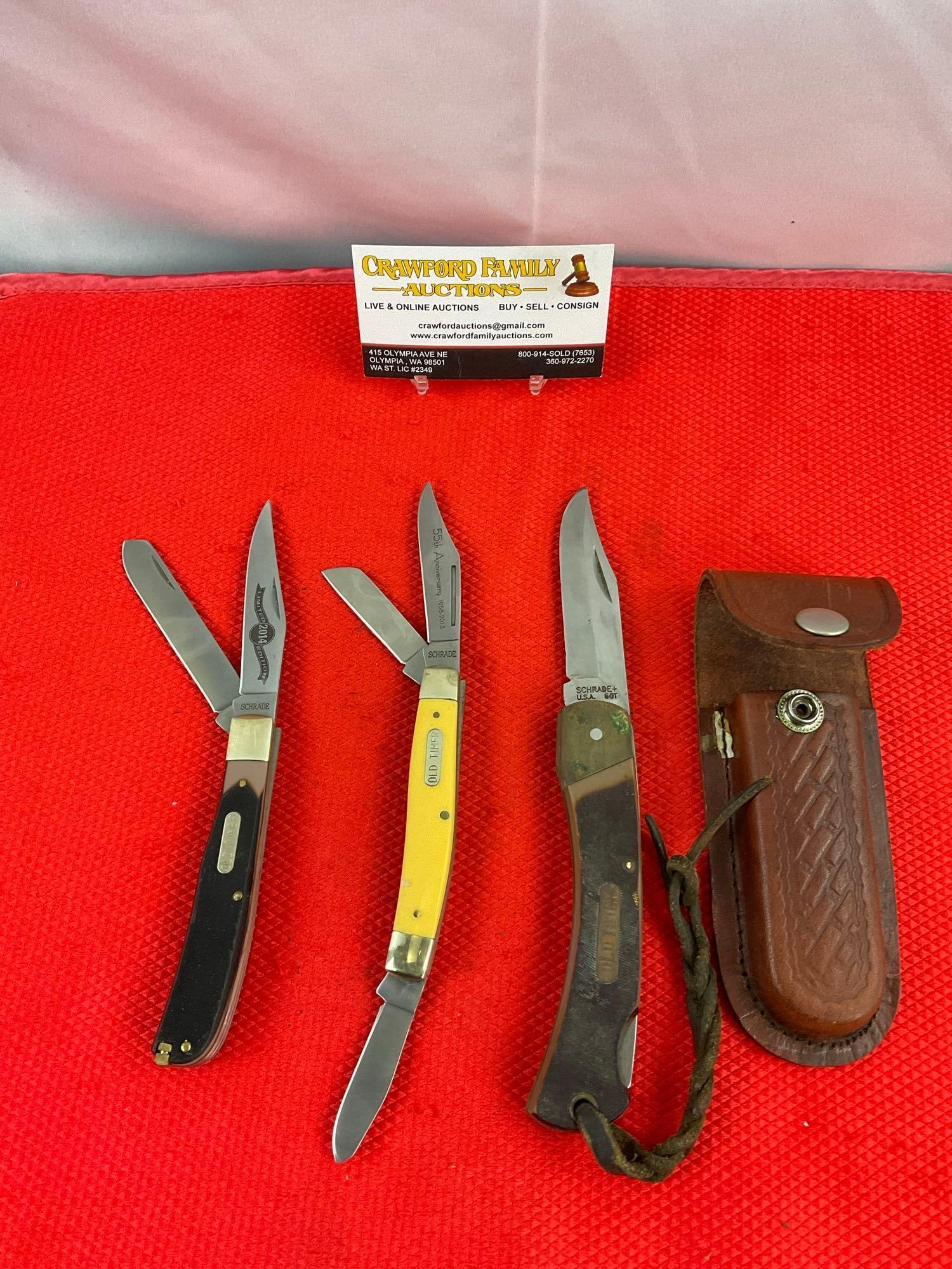 3 pcs Schrade Old Timer Steel Folding Blade Pocket Knives Models 6OT, 8OTY, 96OT. See pics.: 3 pcs Schrade Old Timer Steel Folding Blade Pocket Knives Models 6OT, 8OTY, 96OT. 1x Vintage Schrade+ 3" Steel Folding Blade Pocket Hunting Knife Model 6OT Golden Bear w/ Composite Handle & braide