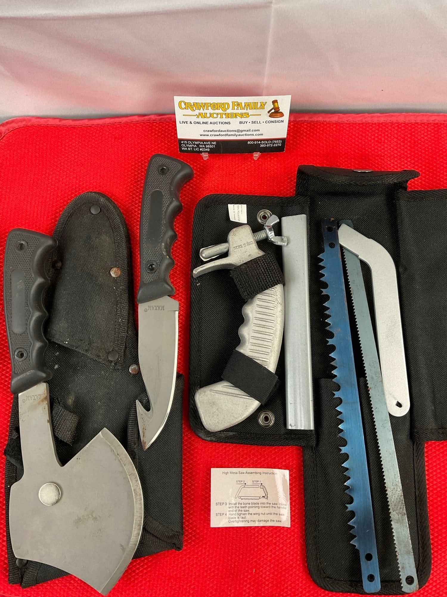 2 pcs Hunting Camping Survival Gear. Allen High Mesa Saw, MAXAM Knife & Hatchet Set. See pics.: 2 pcs Hunting Camping Survival Gear in Sheathes. Allen High Mesa Saw, MAXAM Knife & Hatchet Set. Maxam 4" Steel Fixed Blade Hunting Knife w/ Guthook & Composite Handle. Hatchet has a 4" b