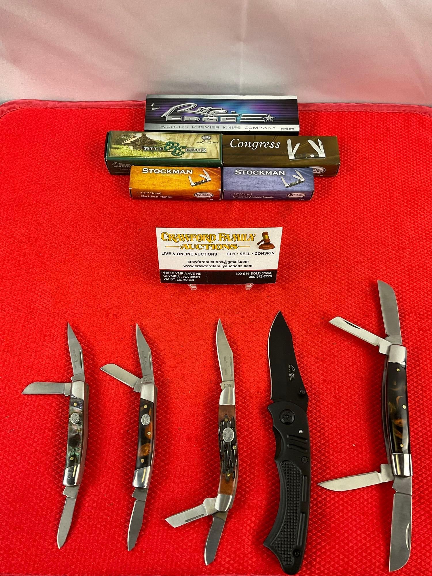 5 pcs Modern Rite Edge Steel Folding Blade Pocket Knives. 2x Stockman. 1x Congress. NIB. See pics.: 5 pcs Modern Rite Edge Steel Folding Blade Pocket Knives. 2x Stockman 1.5" Steel Folding 3-Blade Pocket Knives Models 21072-PU & 21072-BK. 1x Congress 2" Steel Folding 4-Blade Pocket Knife Model 2