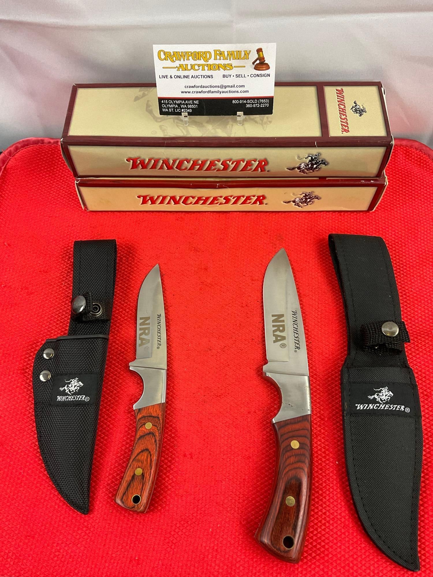 2 pcs Modern Winchester Steel Fixed Blade Hunting Knives w/ NRA Logo & Sheathes. See pics. (1 of 11)