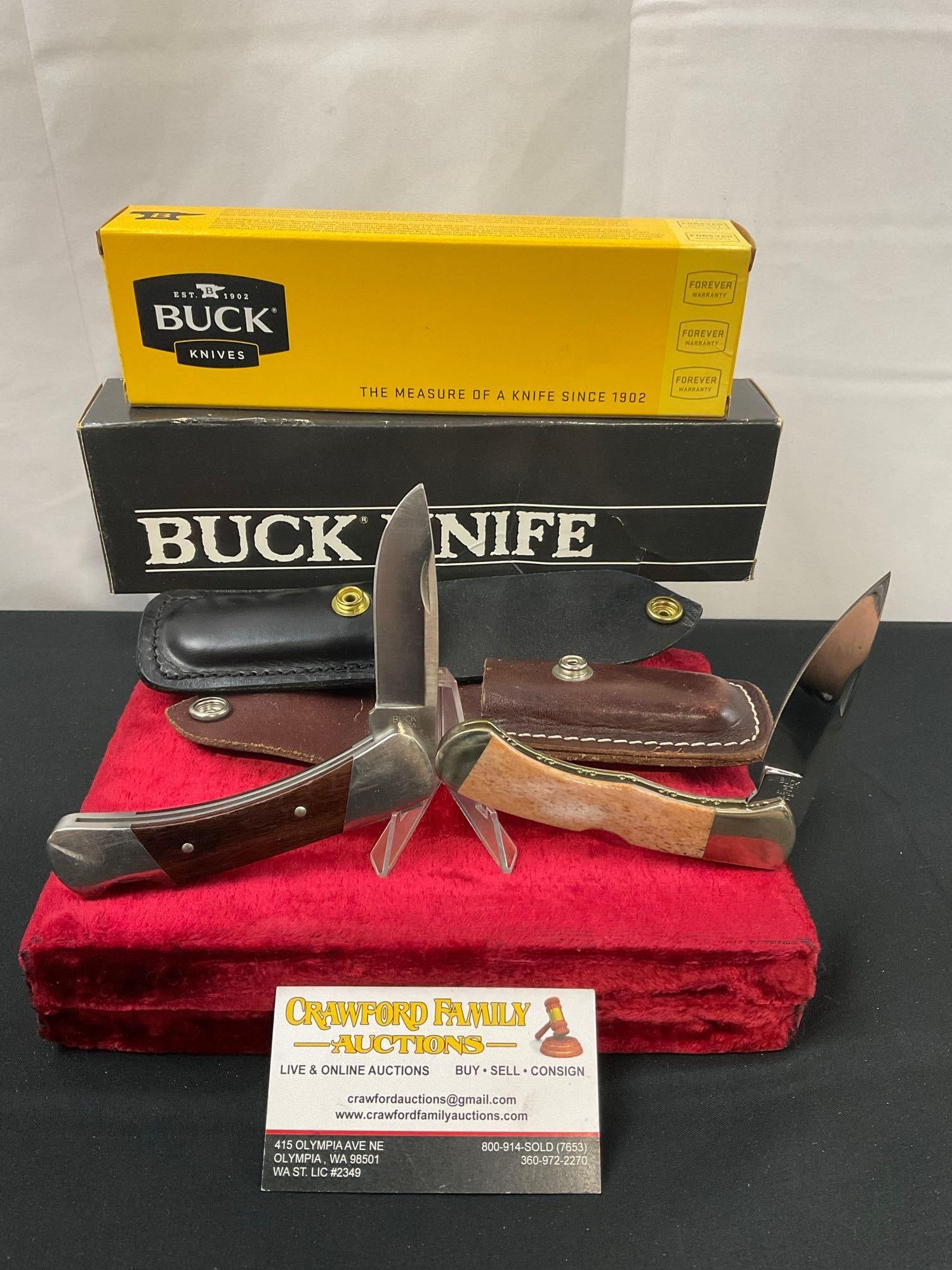 Pair of Buck Folding Pocket Knives, Models 500 & Custom Rosewood handle 532, w/ leather sheaths (1 of 3)