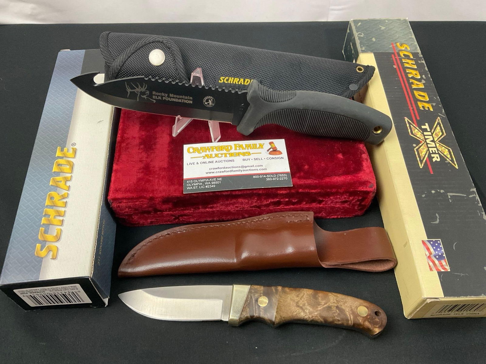 Pair of Schrade Fixed Blade Knives, Pro Hunter PHW & Rocky Mt ElK Foundation IELF w/ sheaths, NIB (1 of 4)