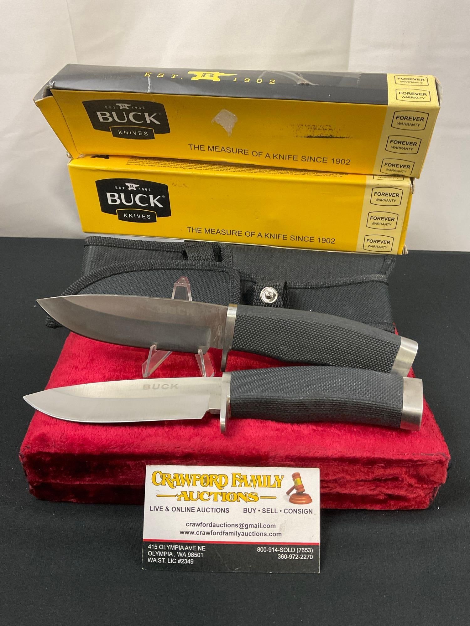 Pair of Classic Buck Fixed Blade Knives, w/ nylon sheaths, 4.5 inch blades (1 of 3)