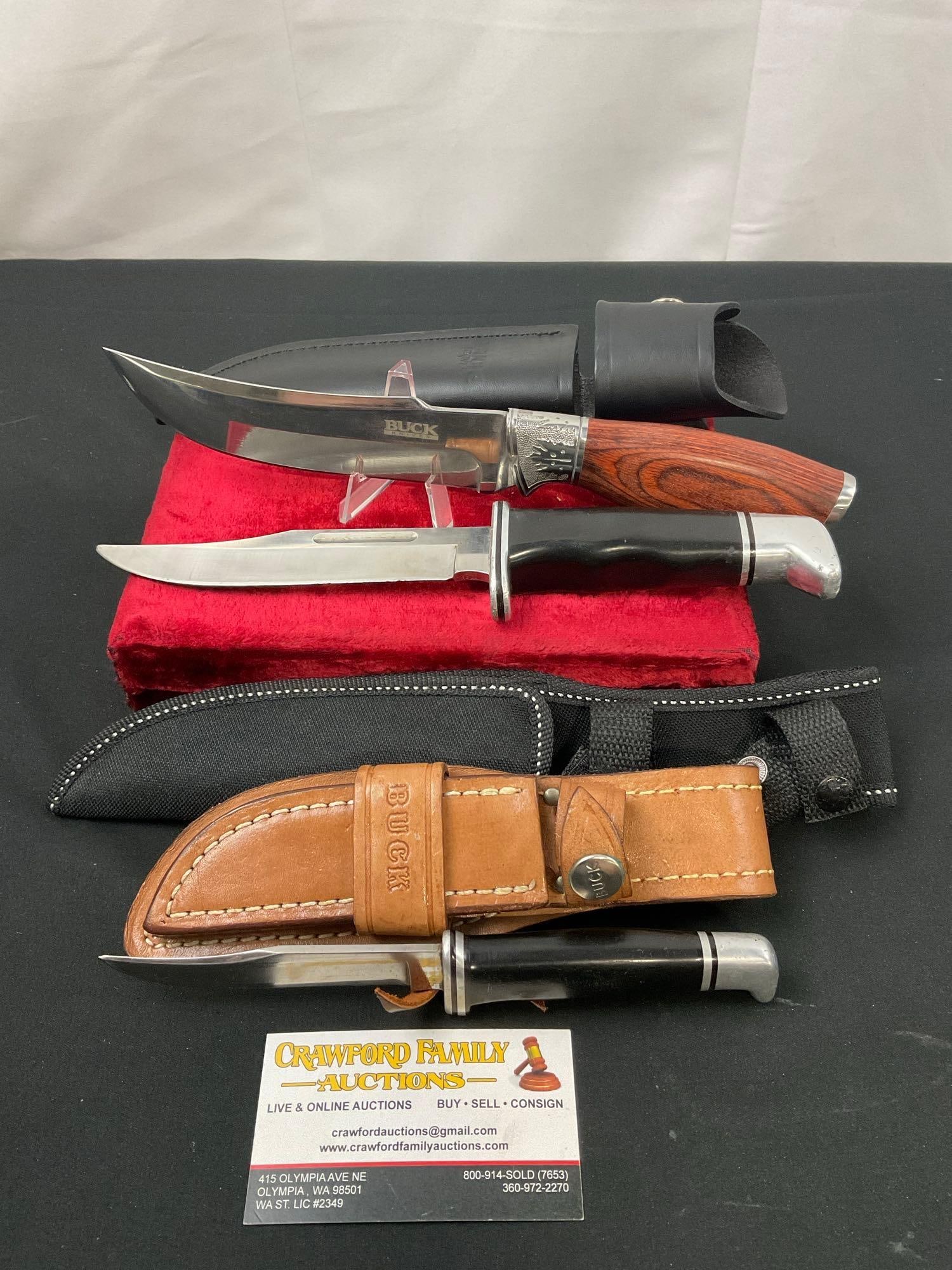 Trio of Buck Fixed Blade Knives, Models 102 & 119, and unmarked Buck (1 of 5)