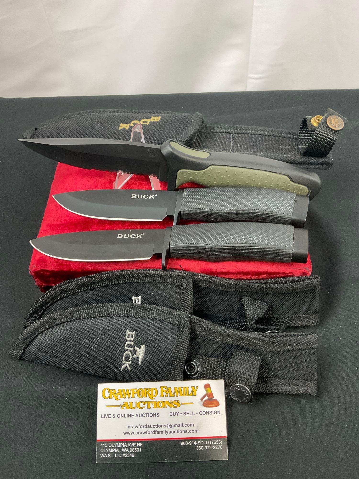 Pair of Classic Buck Fixed Blade Knives, w/ nylon sheaths & Model 655 modern Knife (1 of 5)