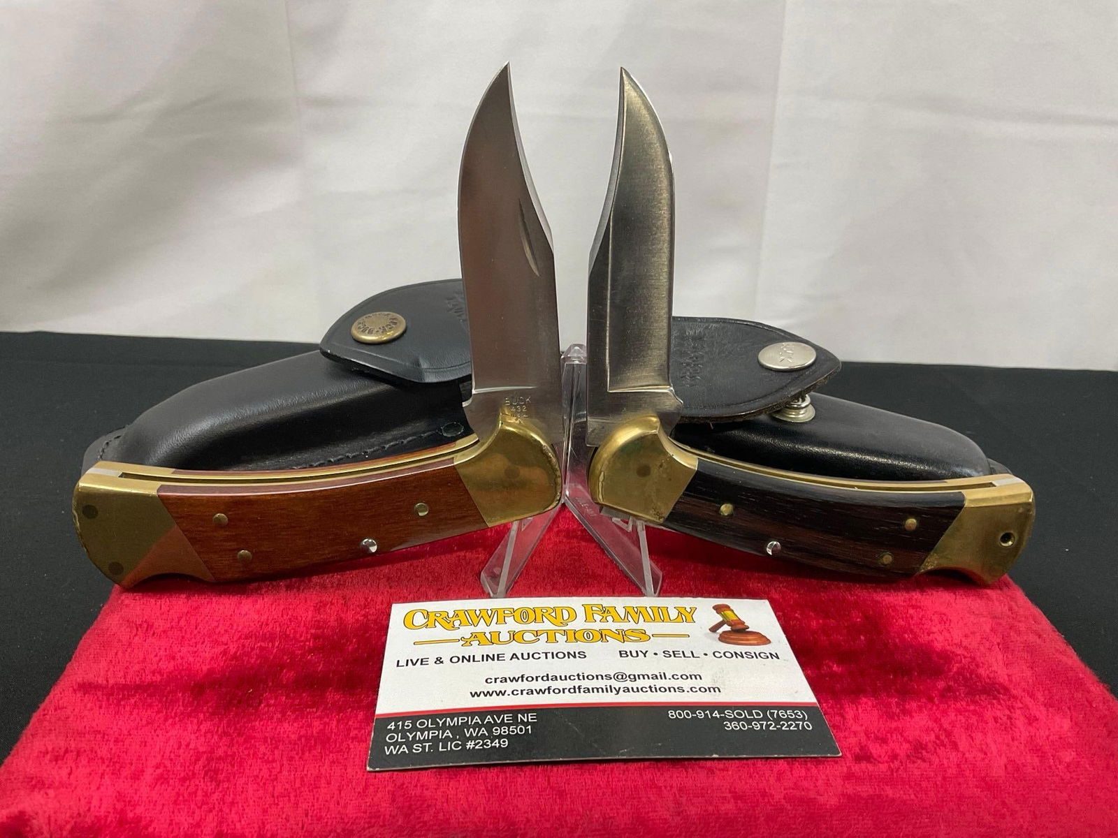 Pair of Vintage Buck Folding Knives, models 112 & 432 w/ Leather Sheaths (1 of 4)