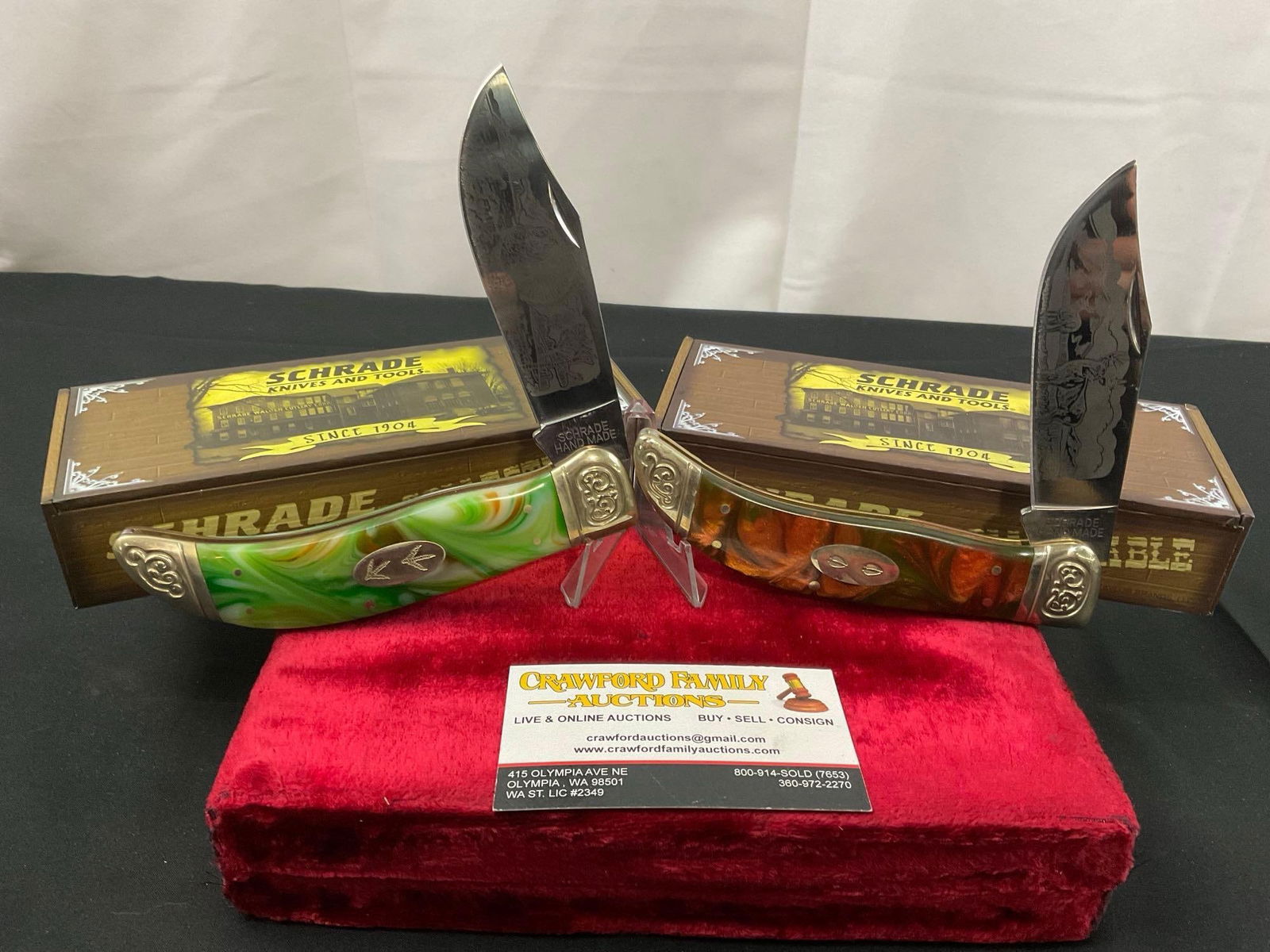 Pair of Limited Issue Handmade Schrade Knives, model SCLT & SCLD engraved blade Deer & Turkey sce... (1 of 4)