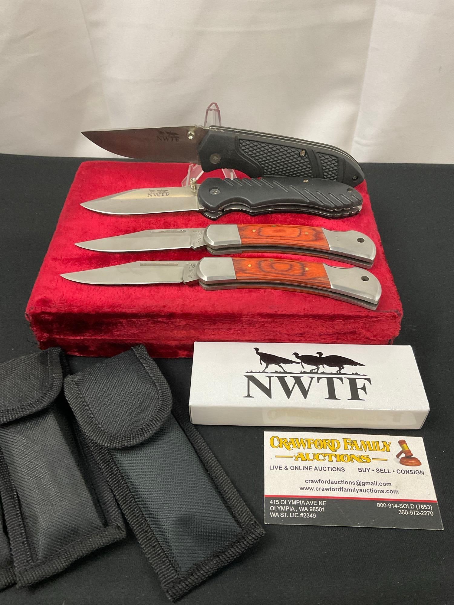 4x Folding Pocket Knives, 2x NWTF w/ rubber handles, 2x Yang Jin Stainless & Wooden handles (1 of 2)
