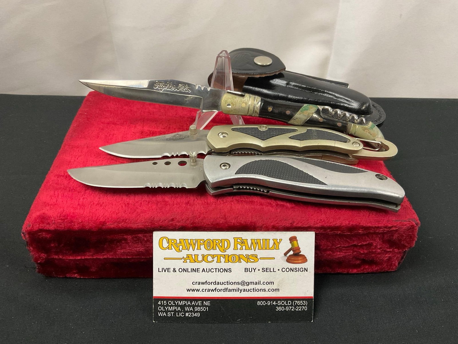 3x Fighter Plus Folding Pocket Knives, 2 w/ serrated section & 1 w/ leather sheath and corkscrew (1 of 3)