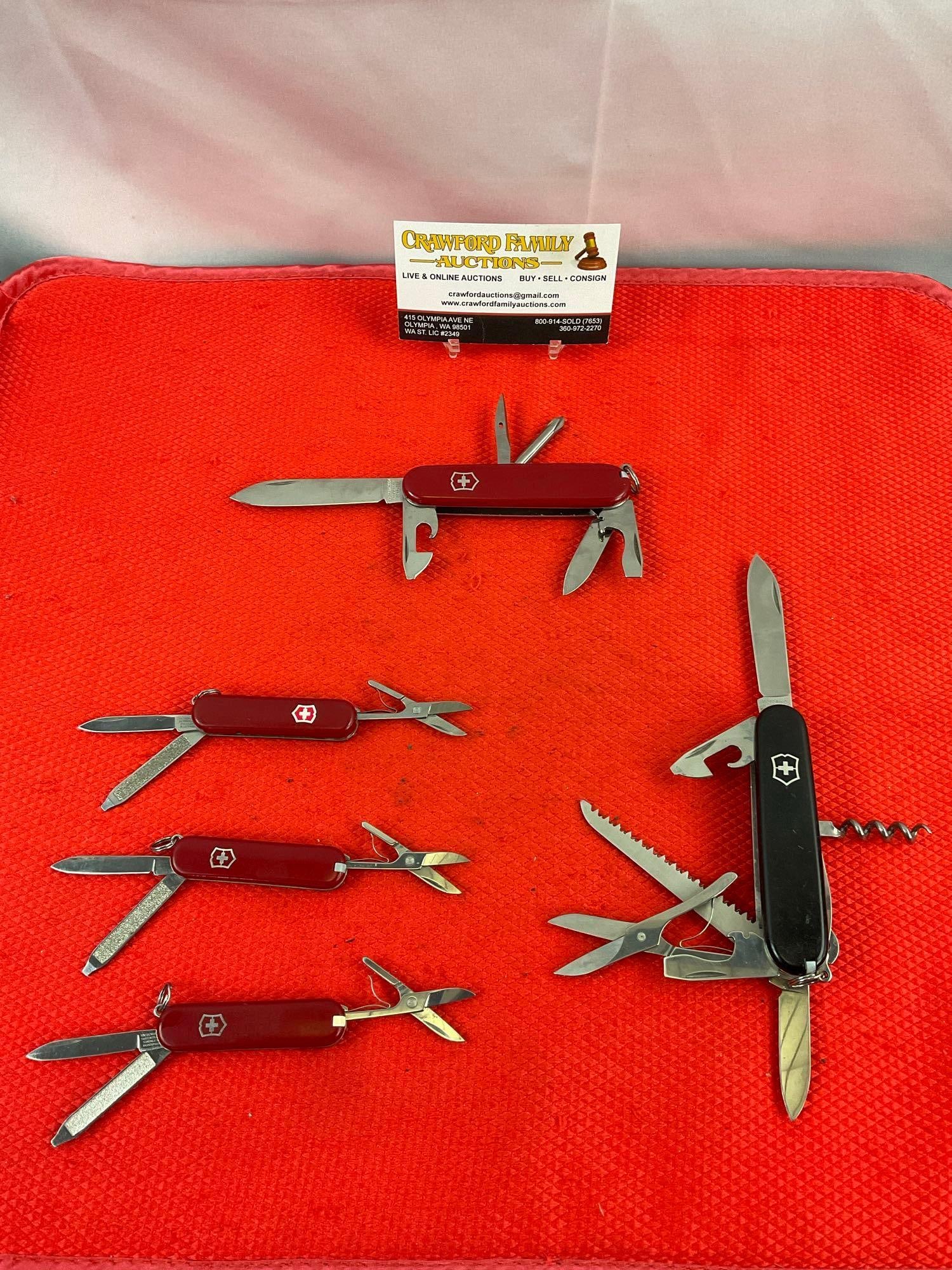 5 pcs Victorinox Steel Officier Suisse Swiss Army Utility Multi-Tool Knives. See pics.: 5 pcs Victorinox Steel Officier Suisse Swiss Army Utility Multi-Tool Knives. 3x 1.5" Folding Blade Swiss Army Knives. 2x 2.5" Folding Blade Swiss Army Knife. One blade's casing is missing a piece. Con