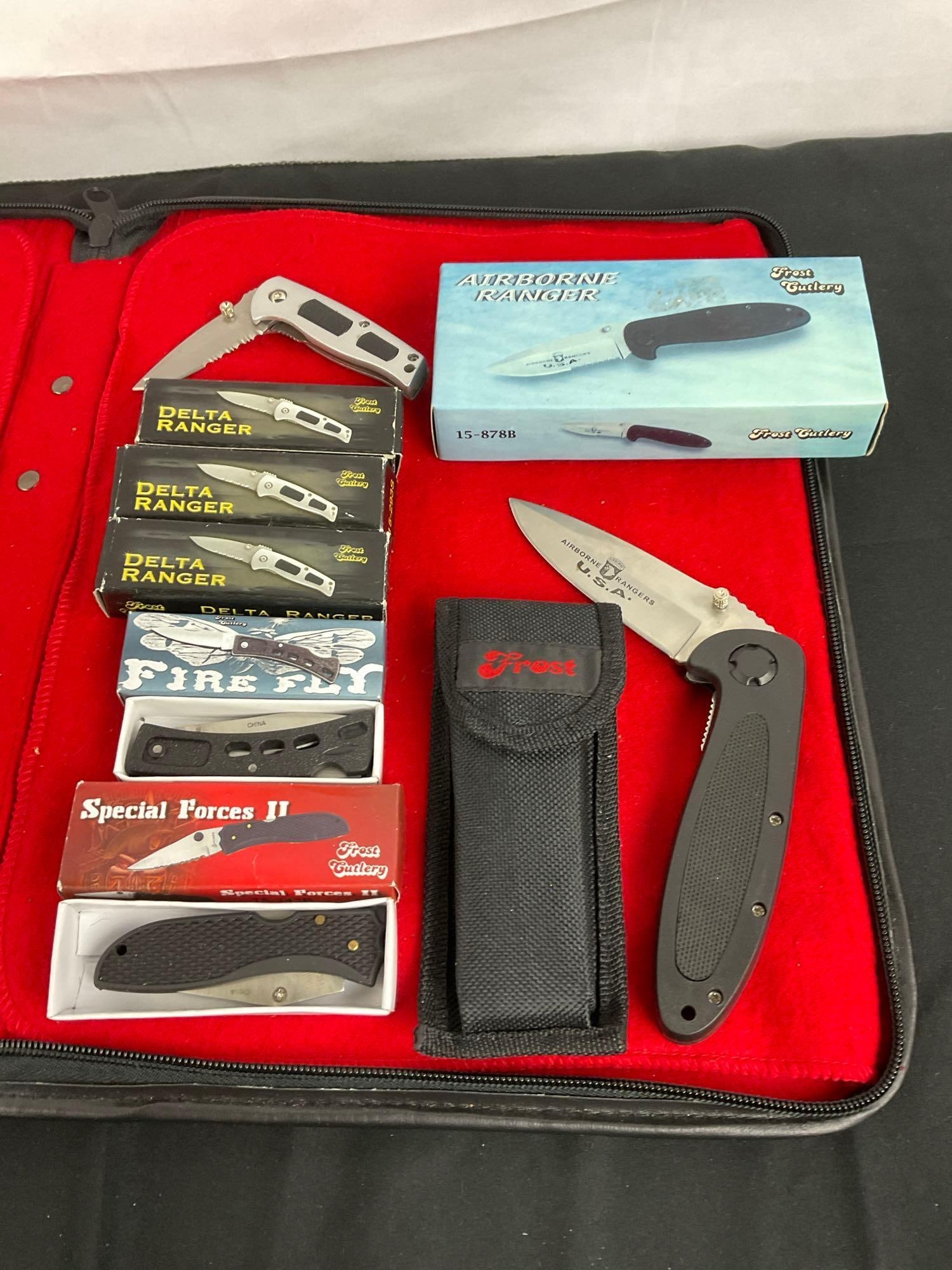 6pcs Frost Cutlery Folding Pocket Knives in Original Boxes - See pics: Lot includes 3x Delta Ranger, Firefly, Special Forces II, & Airborne Ranger. Largest Knife has 4" Blade. Good condition throughout most appear unused. T-2504