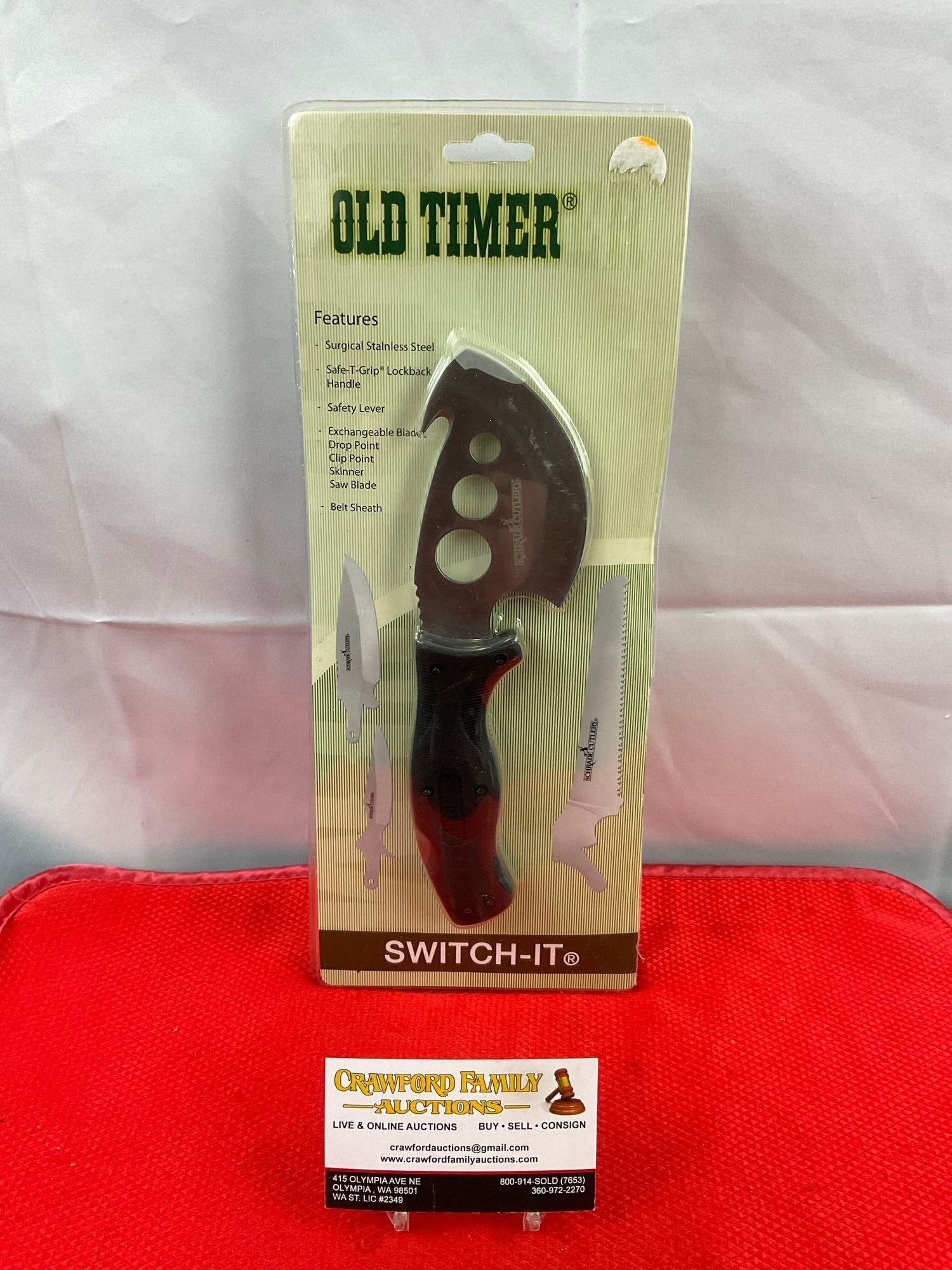 Schrade Old Timer Switch-It Folding Blade Hunting Knife w/ Exchangeable Blades & Sheath. NIB. See (1 of 11)