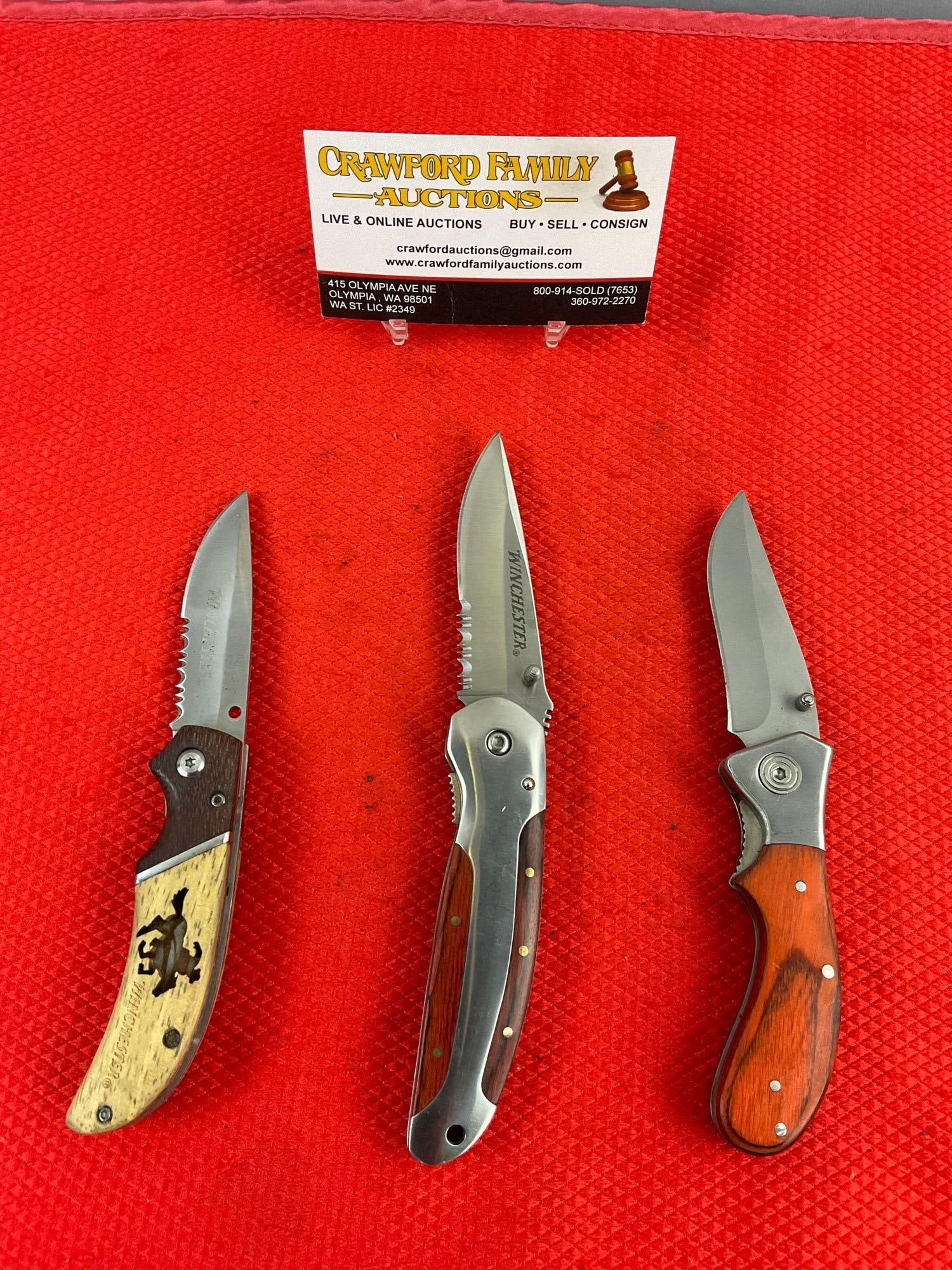 3 pcs Modern Winchester Steel Folding Blade Pocket Knives w/ Wood Handles. No Model #s. See pics. (1 of 8)