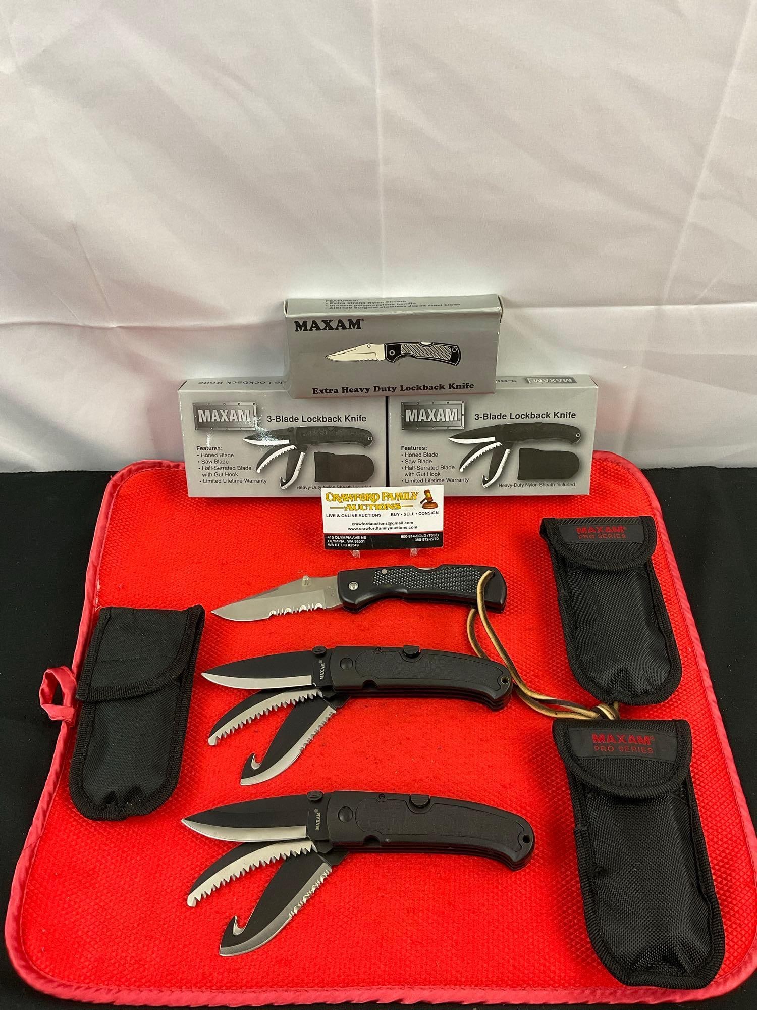 3 pcs Maxam Steel Folding Blade Hunting Knives w/ Sheathes Models SKMX102, 2x SK383. NIB. See pics.: 3 pcs Maxam Steel Folding Blade Hunting Knives w/ Sheathes. 1x Maxam 3.25" Steel Folding Blade Hunting Knife Model SKMX102 w/ nylon sheath. 2x Maxam 3" Steel Folding 3-Blade Hunting Knives Model SK383